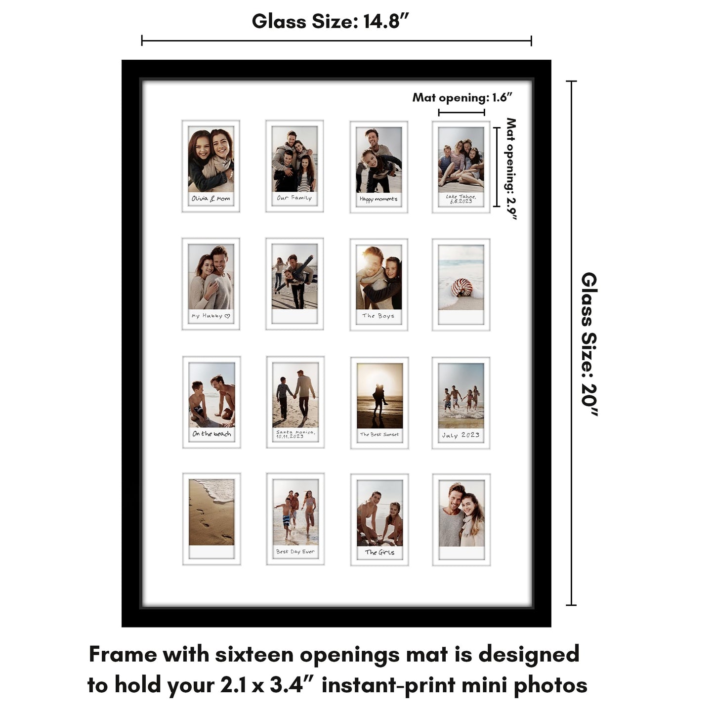 Americanflat 15x20 Picture Frame with 16 Openings for 2x3 Instant-Print Photos - Black Mini Picture Frames for Wall Display with Polished Plexiglass