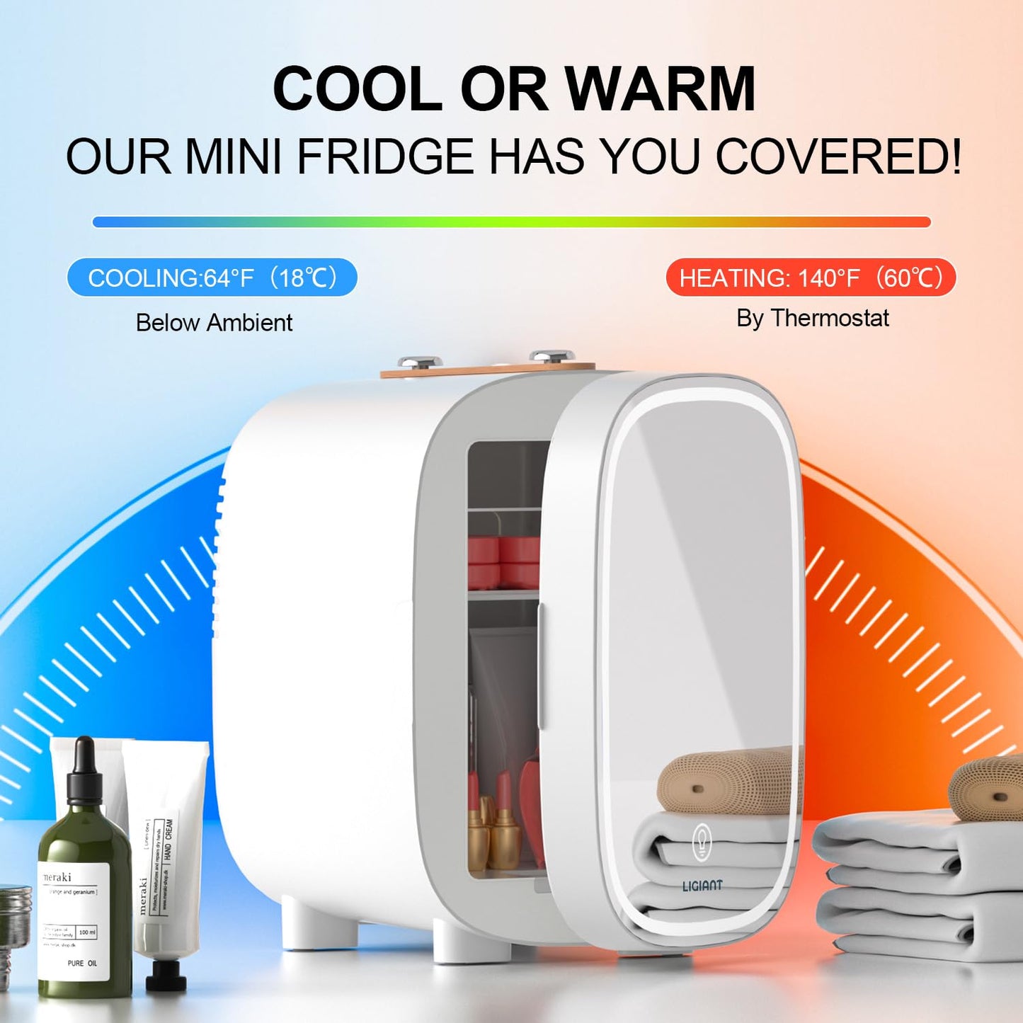 LIGIANT Skincare Fridge, Mini Fridge With 3-Level Dimmable LED Light Mirror, Low Noise Refrigerator, 4L Large Capacity, Cooler & Warmer, Portable Design for Multiple Uses - Bedroom, Office, and Travel