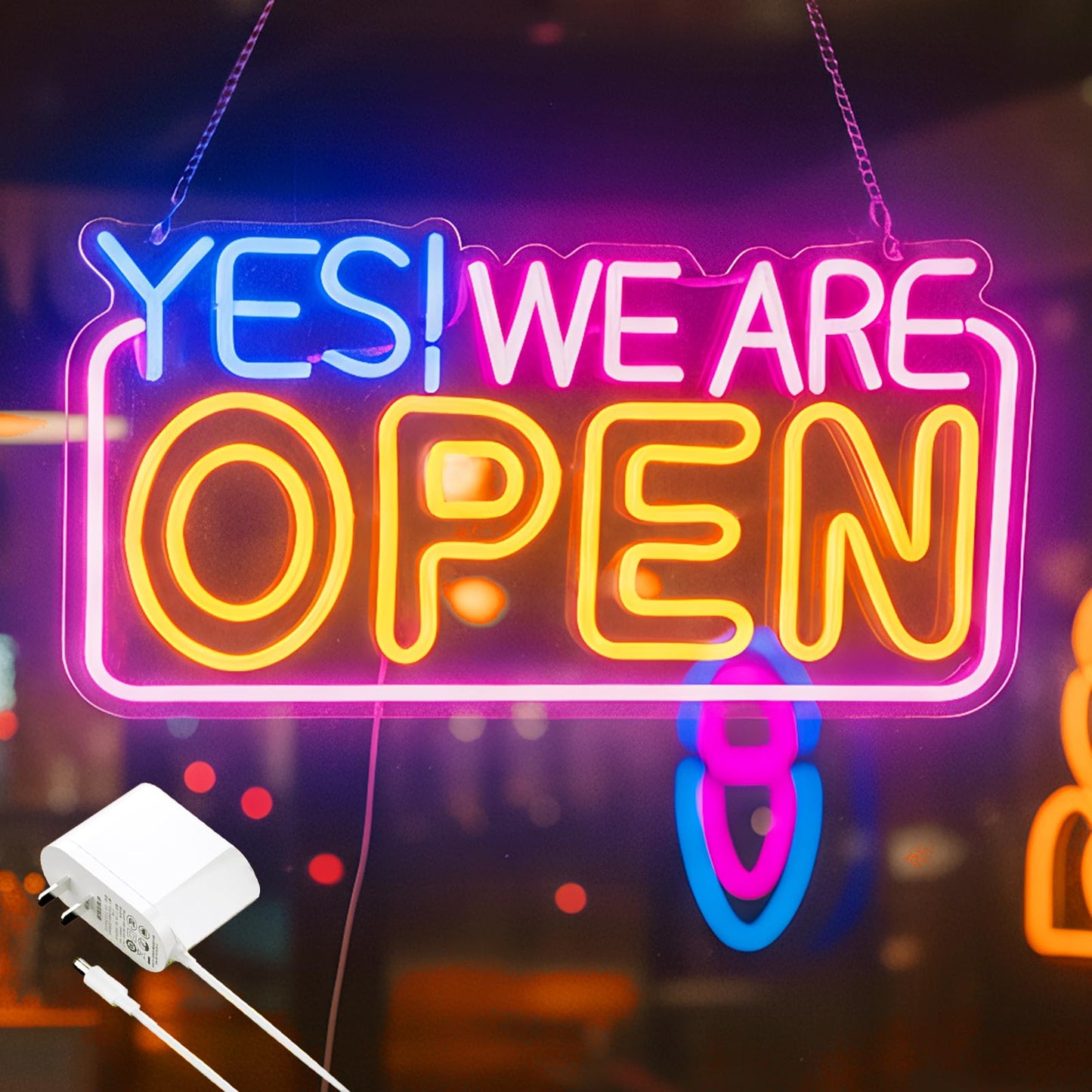 Open Sign for Business, LED Dimmable Neon Light with Adapter, 16.5" x 9.5", Pink yellow blue, Ideal for Window, Wall, Party, Bar, Coffee Shop, Nail Salons, and Store