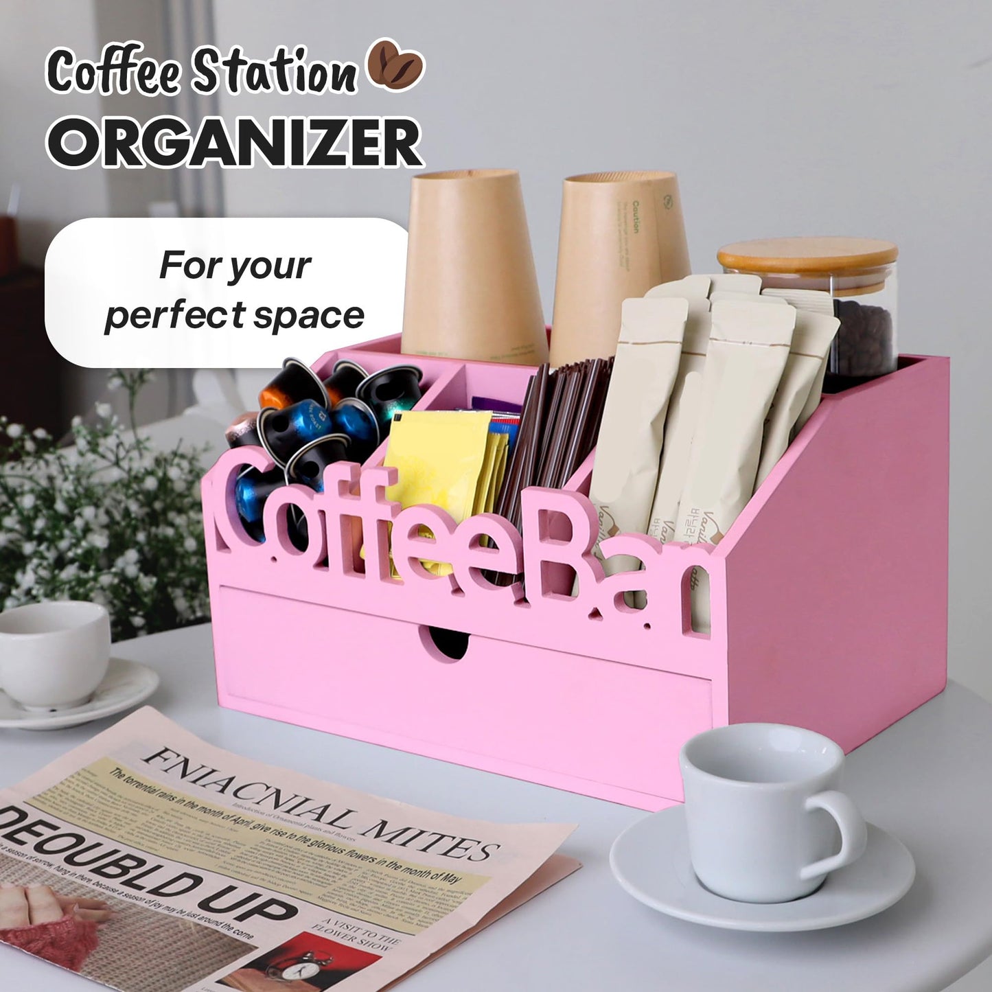 ADDFIT HOUSE Coffee Bar Organizer for Countertop – Wooden Coffee Station, Tea and K Cup, Condiment Storage Rack, Coffee Pod Holder for Home and Office Counter Organization (Drawer - Pink)