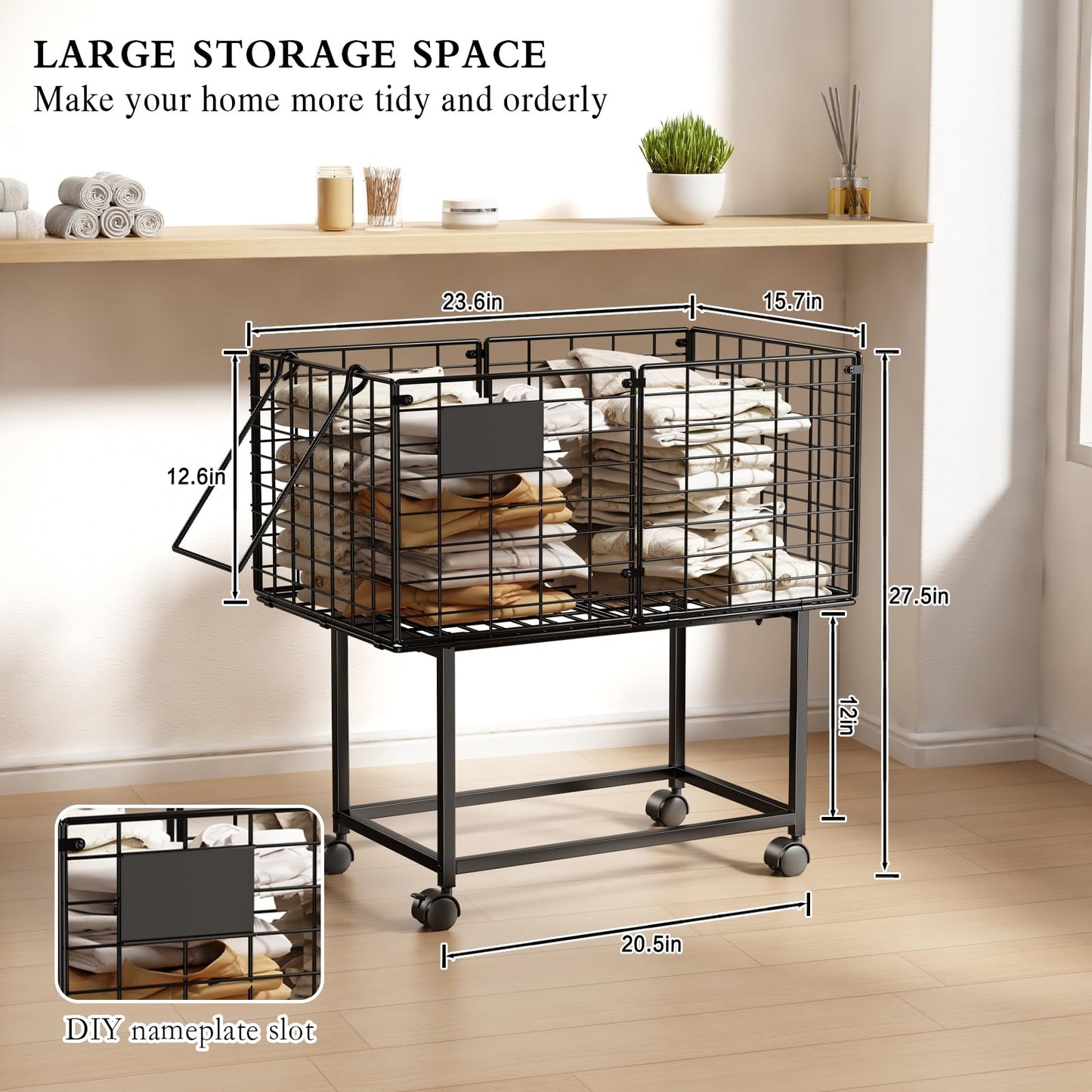 CICUFY Rolling Laundry Cart, 80L Wire Laundry Hamper Basket on Wheels, Dirty Clothes Basket with Handle, Metal Clothes Hamper Organizer for Laundry Room, Bathroom, Bedroom, Dorm, Black