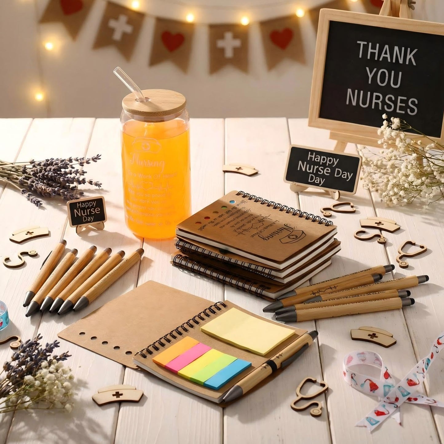 Resurhang 12 Sets/36 Pcs Nurse Week Appreciation Gifts Bulk Inspirational Spiral Notebook with Sticky Note, Ballpoint Pens and 17 oz Clear Glass Cup Thank You Gift for Medical Assistant Coworker
