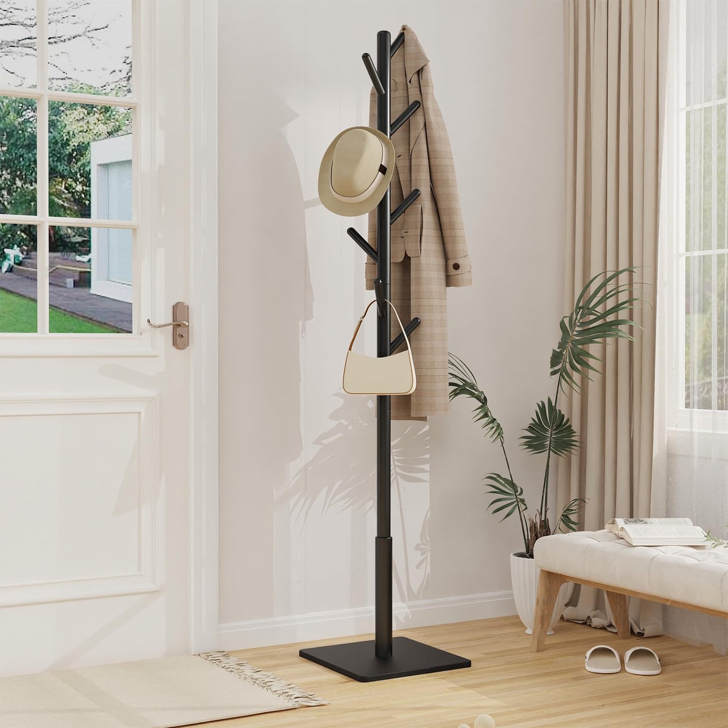 YheenLf Coat Rack Freestanding with Stable Square Base for Cloathes, Hat, Used in Bedroom, Office and Entryway, Sturdy and Easy Assembly Coat Tree with 3 Adjustable Sizes and 8 Hooks, Black