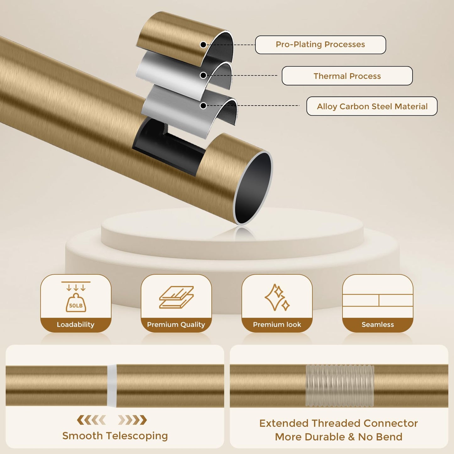 Wolistsa Brass Gold Curtain Rod 34-124 Inch, Brushed Warm Gold 1” Adjustable Long Heavy Duty Curtain Rods for Windows, Decorative Antique Bronze Window Treatment Rods with Modern Solid Aluminum Finial