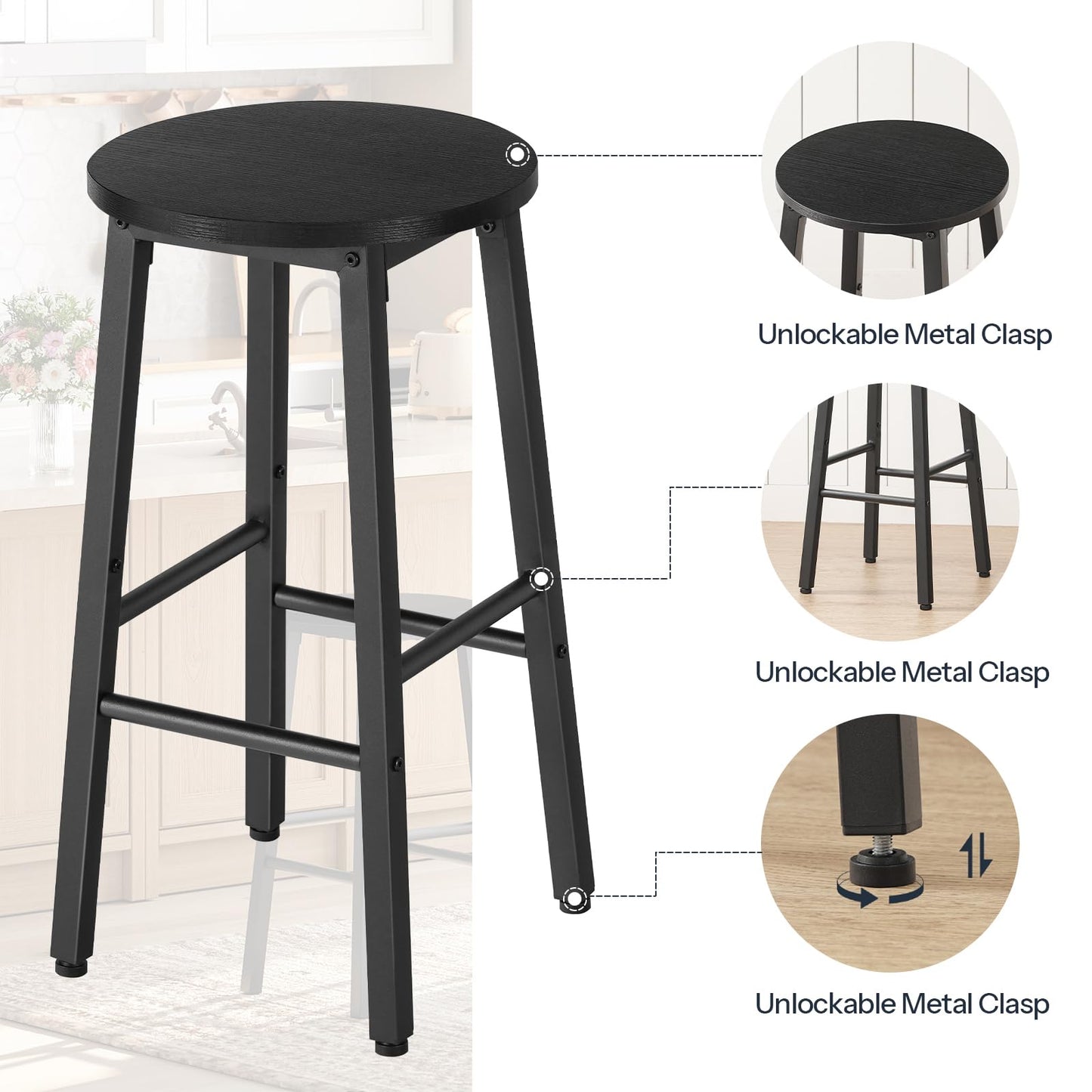 HOOBRO Bar Stools, Bar stools Set of 2,Counter Height Bar Stools, 24.8" Barstools for Kitchen Island, Industrial Kitchen Bar Chairs, for Dining Room, Bar, Black BB07BY01G1N2