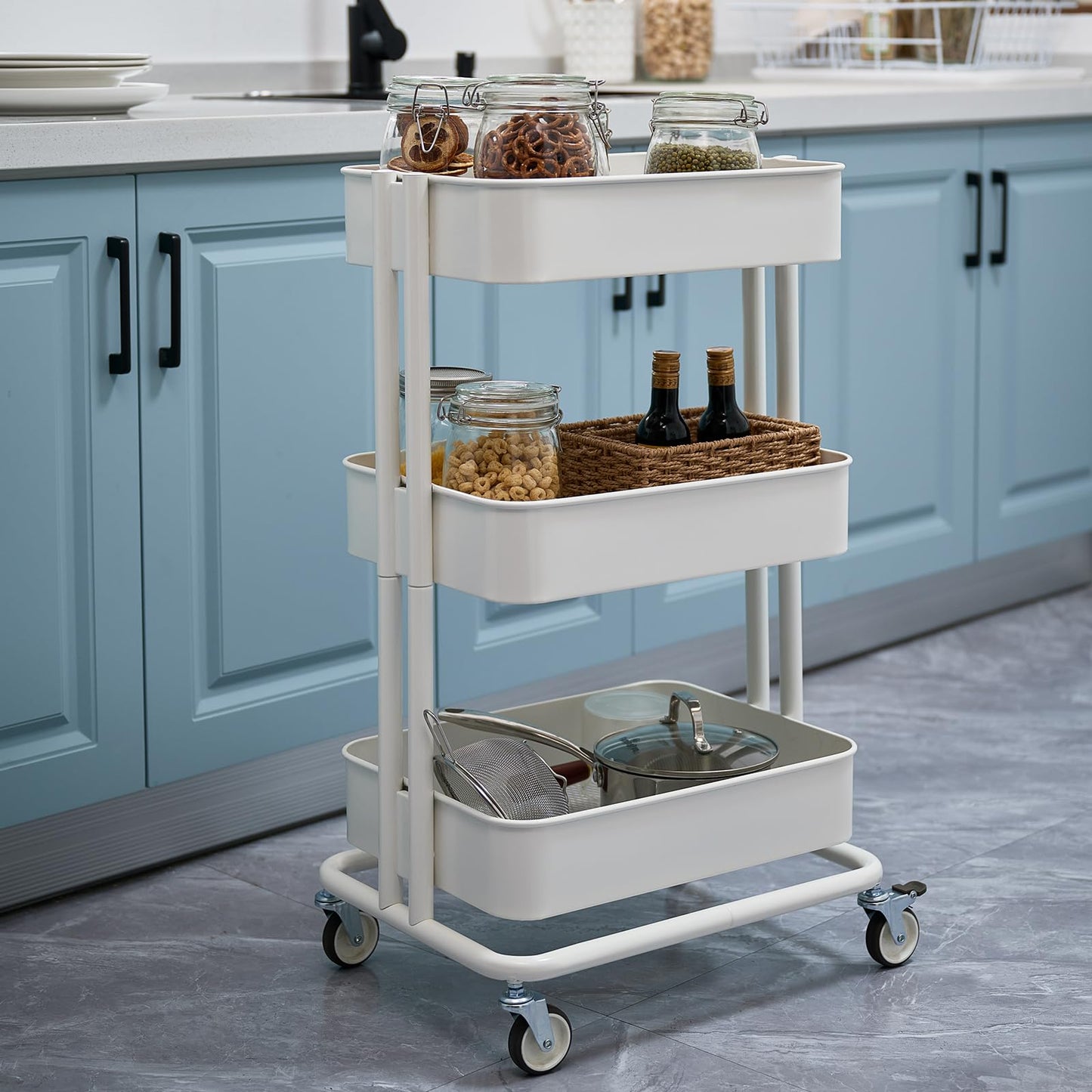 CARTTECH 3 Tier Rolling Cart Metal Heavy Duty Utility Cart with Silent Caster Lockable Wheels Multi-Functional Organization Carts Storage Trolley with Mesh Shelves for Office Kitchen Living Room white