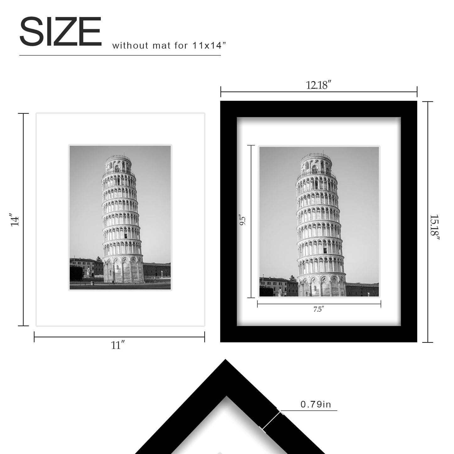 Wiscet 11x14 Picture Frame Set of 9, Display Pictures 8x10 with Mat or 11x14 without Mat, Photo Frame for Wall Mounting or Tabletop Display, Black.
