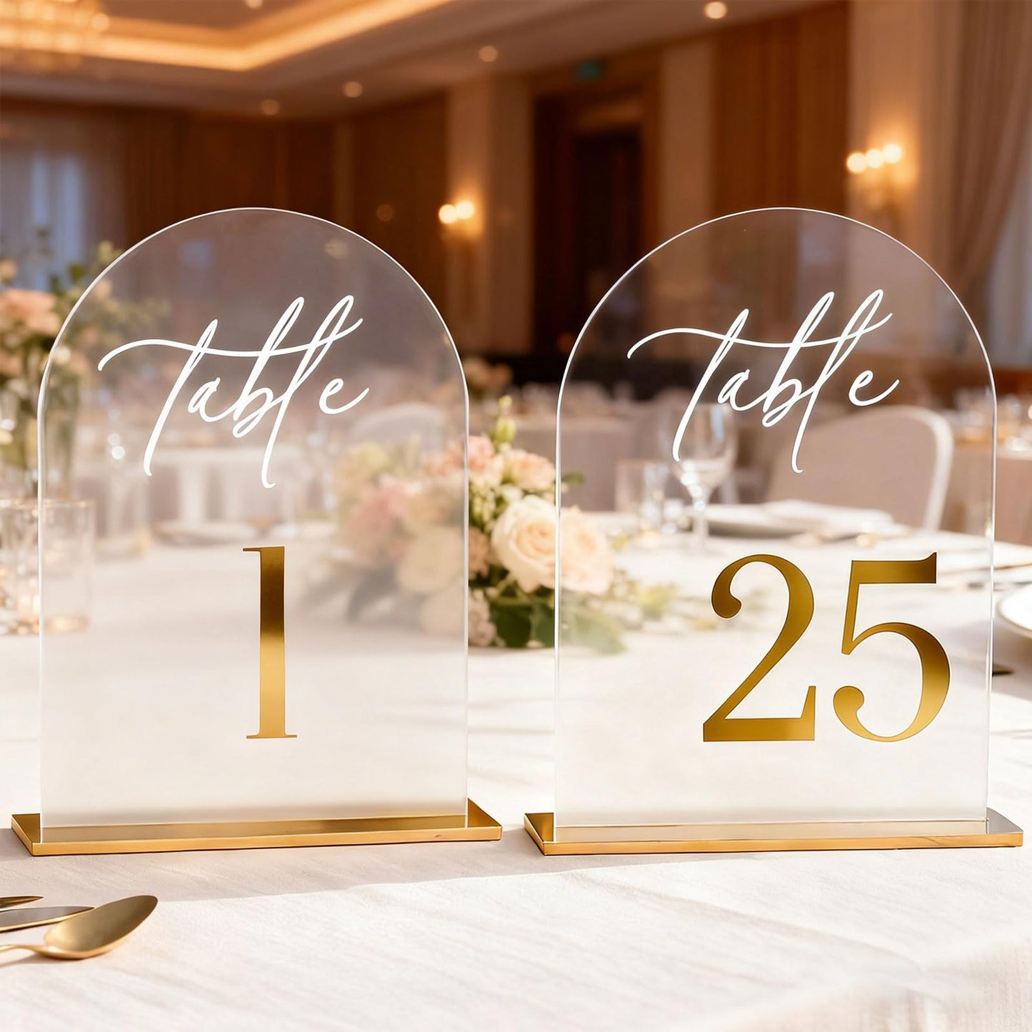 Arch Wedding Table Numbers 1-25 with Stands,5 x 8 Inch Transparent Acrylic Reception Table Signs Golden Letters,Perfect for Wedding Receptions, Parties, Anniversaries, and Events (1-25 golden)