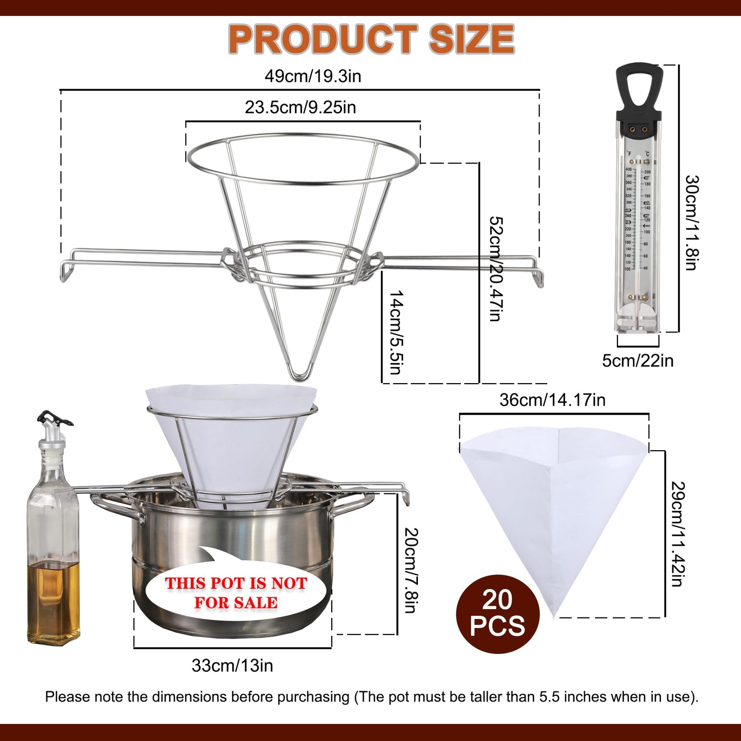 Oil Fryer Filters, Stainless Steel Filter Strainer with Thermometer, Cone Strainer Holder Stand with 20pcs Cone Filter Paper & Folding Arm to Deep Fryers, for Cooking Oil Filter and Maple Sap Making