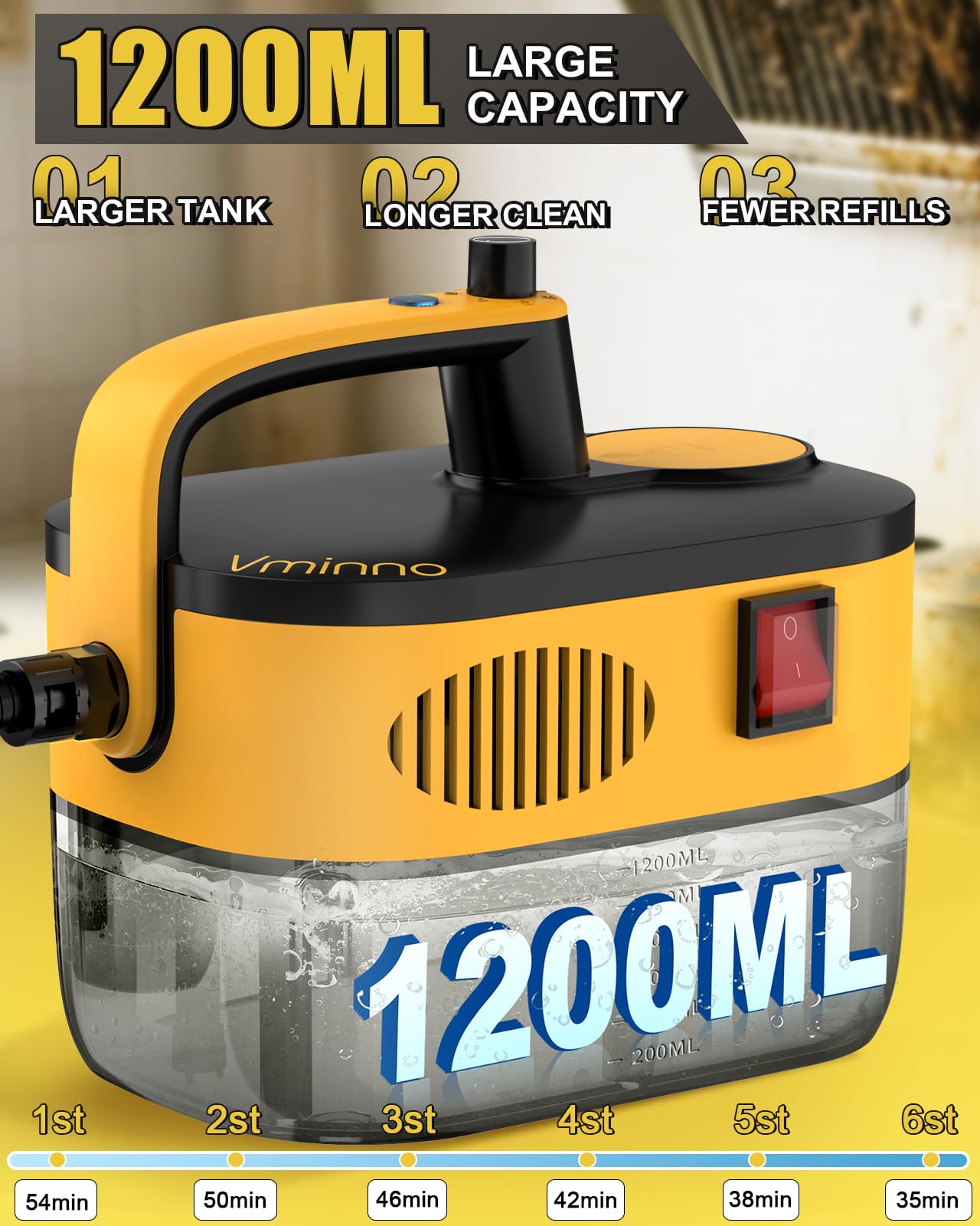 Heavy Duty Steam Cleaner for Home, Fast Heating & 1.2L Tank, 6-Level Adjustable Pressurized Portable Steamer for Cleaning with 11 Accessories for Grout, Tile, Floor, Car and More(Yellow)