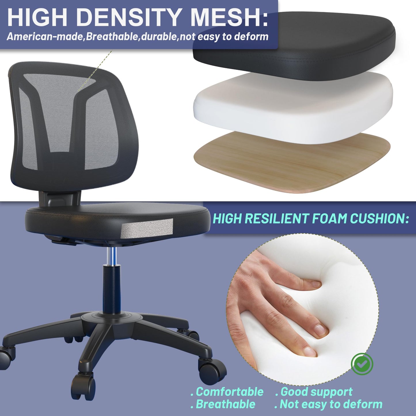 Armless Office Desk Chair No Arms with Back Support Rolling Wheels for Home Study Work