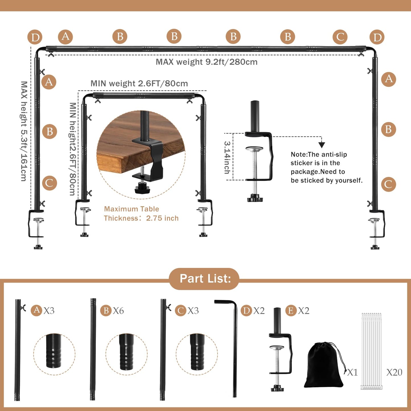 Over The Table Rod Stand with Clamps Adjustable 31-110 in Length 31-64 in Height Black Table Balloon Arch Hanging Stand with Storage Bag for Valentines Day Wedding Birthday Party Decoration