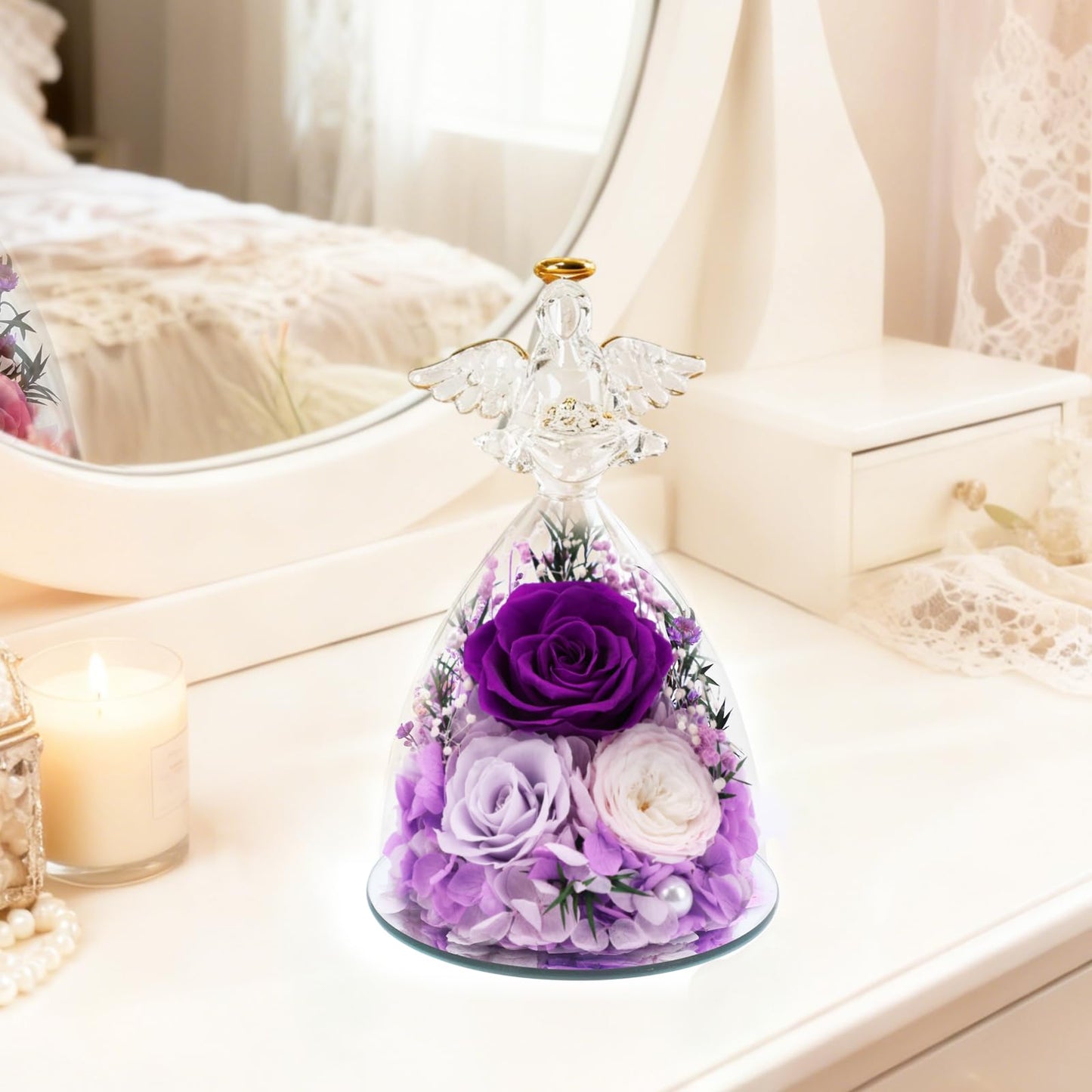 Casaido Mothers Day Rose Gifts for Women, 7" Purple Preserved Roses Flowers in Glass Angel Figurine, Birthday Gift for Mom Wife Grandma, Eternal Rose for Valentines Christmas Anniversary