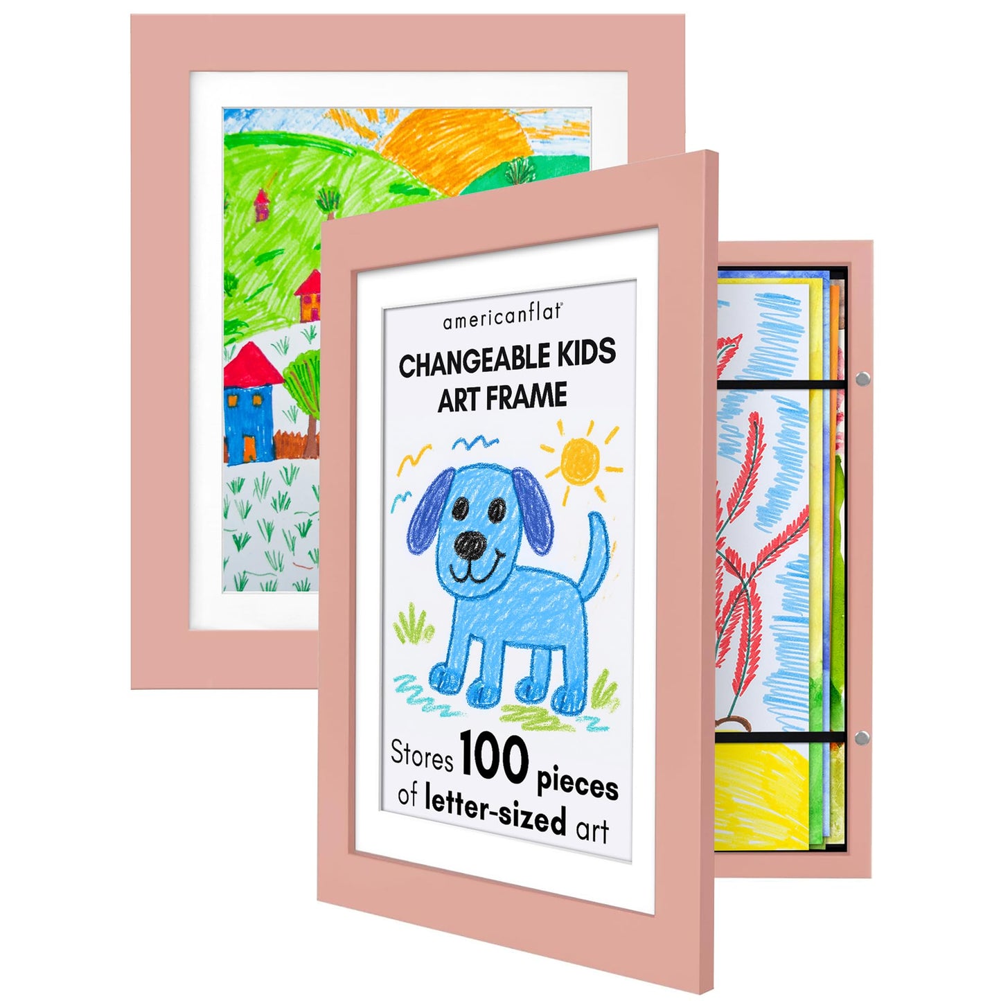 Americanflat - 2 Pack - Kids Artwork Frame Changeable (Pink) - Magnetic Door Holds 100 Art Pieces - 8.5x11 Letter Size Display with Mat or 10x12.5 Without Mat - My Mini Masterpiece