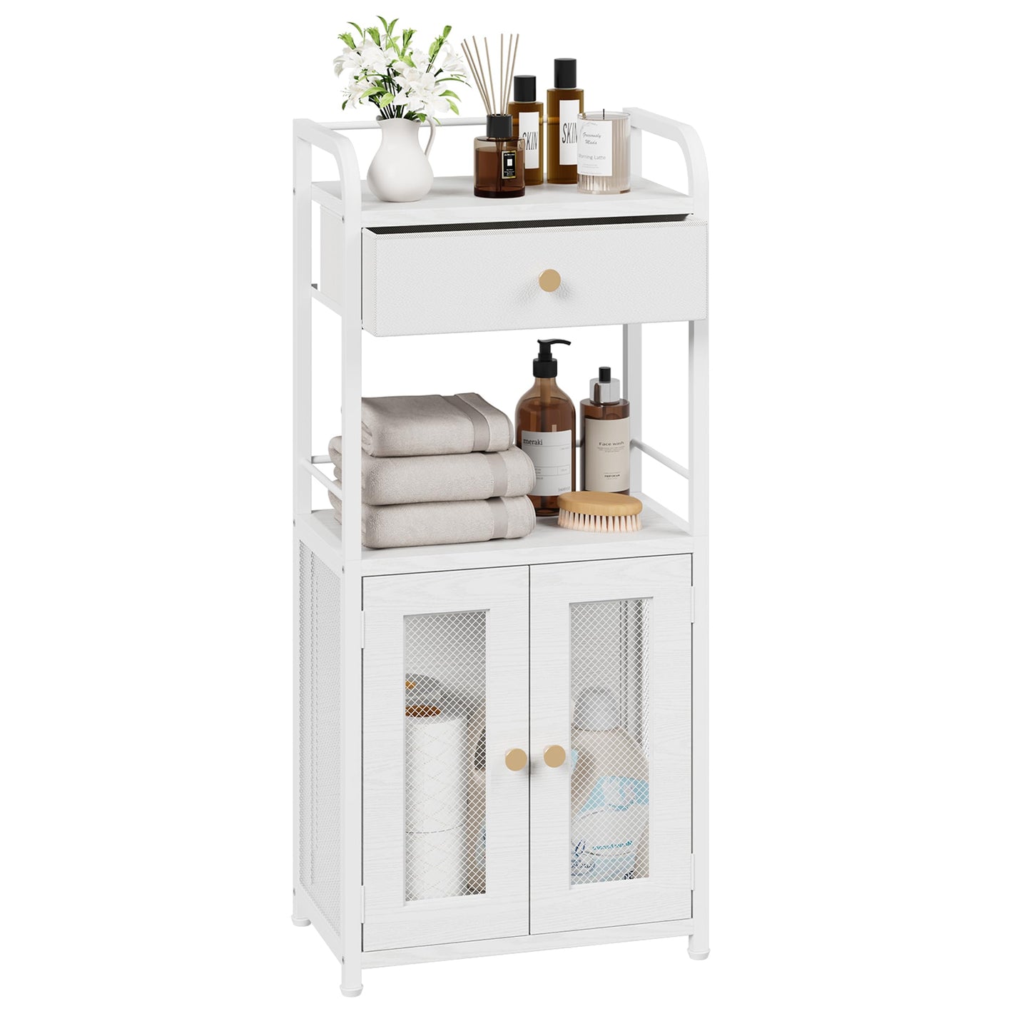 SWTYMIKI 14.57"x32.28" Bathroom Storage Cabinet – Freestanding Toilet Paper Storage with Doors & Drawer, Bathroom Organizers and Storage for Small Spaces, Laundry Room, Ideal for Towels, White