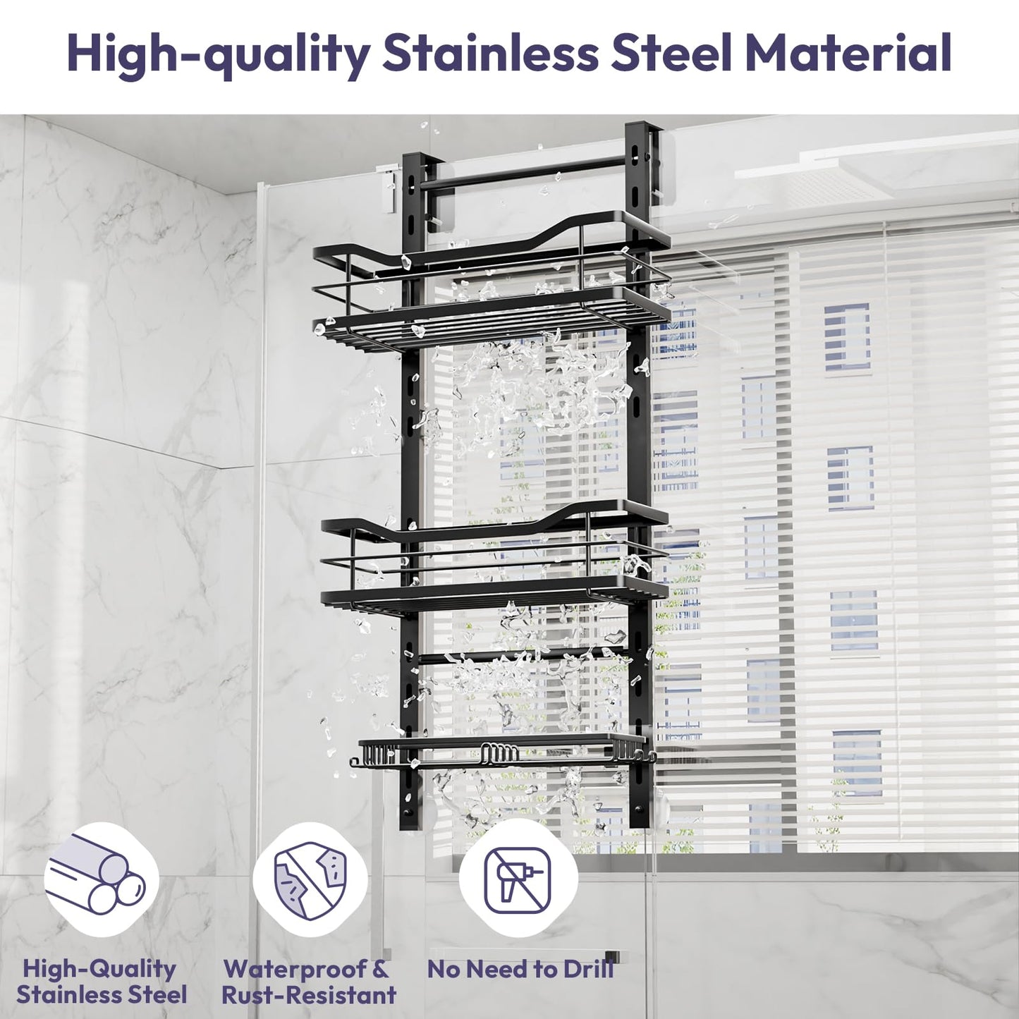 SWTYMIKI Over the Door Shower Caddy - 3 Tier Adjustable Shower Organizer Hanging with Soap Holder, No Drilling Stainless Steel Bathroom Rack Hanging for Body Wash, Shampoo, Soap, Razor, Black