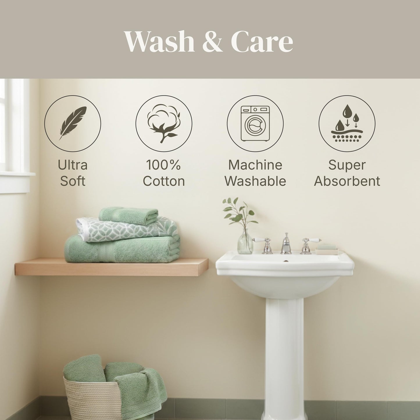 Modern Threads Botanical Vine 6-Piece 100% Cotton Towel Set – Reversible Yarn Dyed Jacquard – Includes 2 Bath Towels, 2 Hand Towels, 2 Washcloths – Absorbent, Quick Dry, Soft & Durable – Sage Green