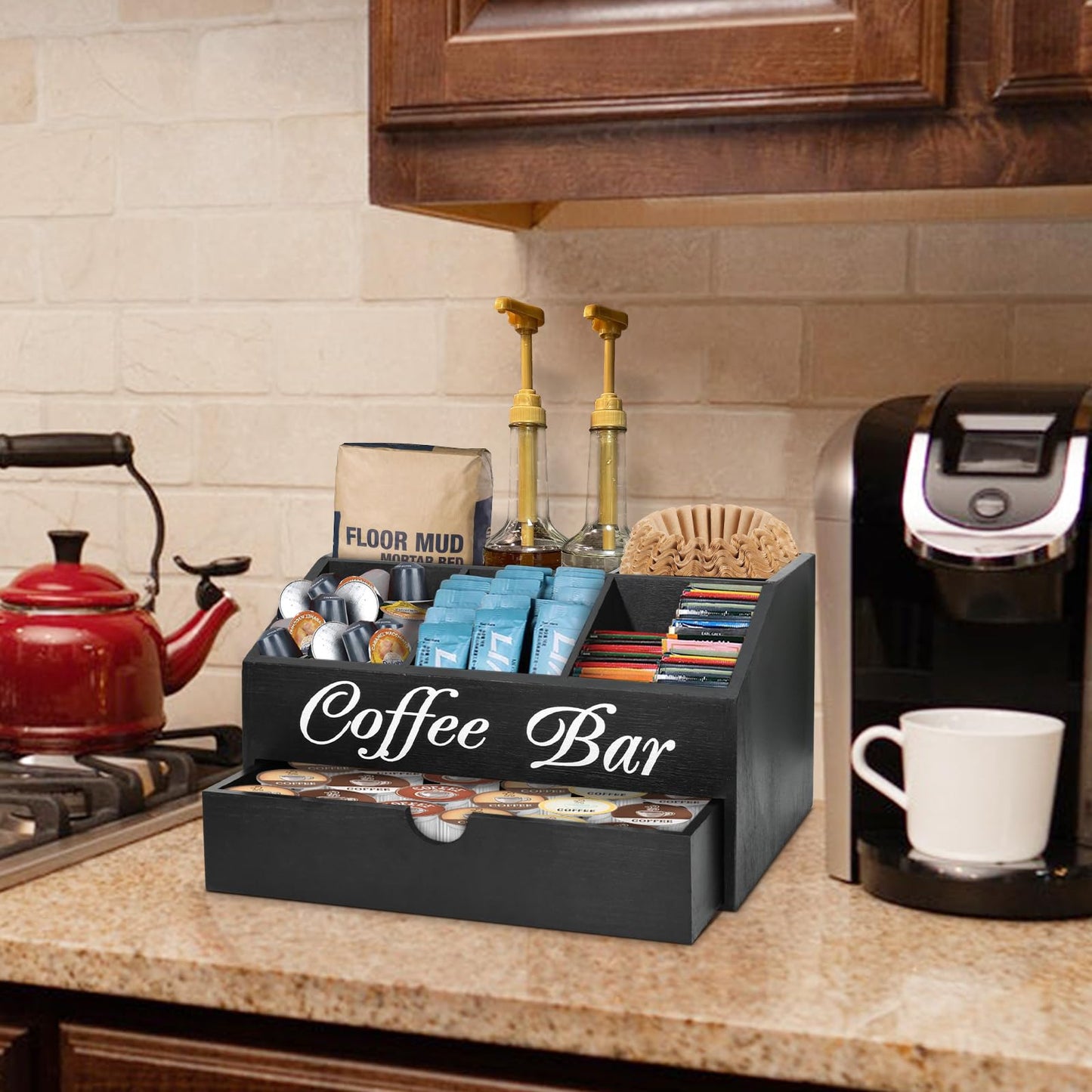 Coffee Bar Organizer Countertop, Wooden Bar Accessories With Drawer, Coffee Station Organizer Pods Holder Storage Basket, Farmhouse Tea Condiment Station