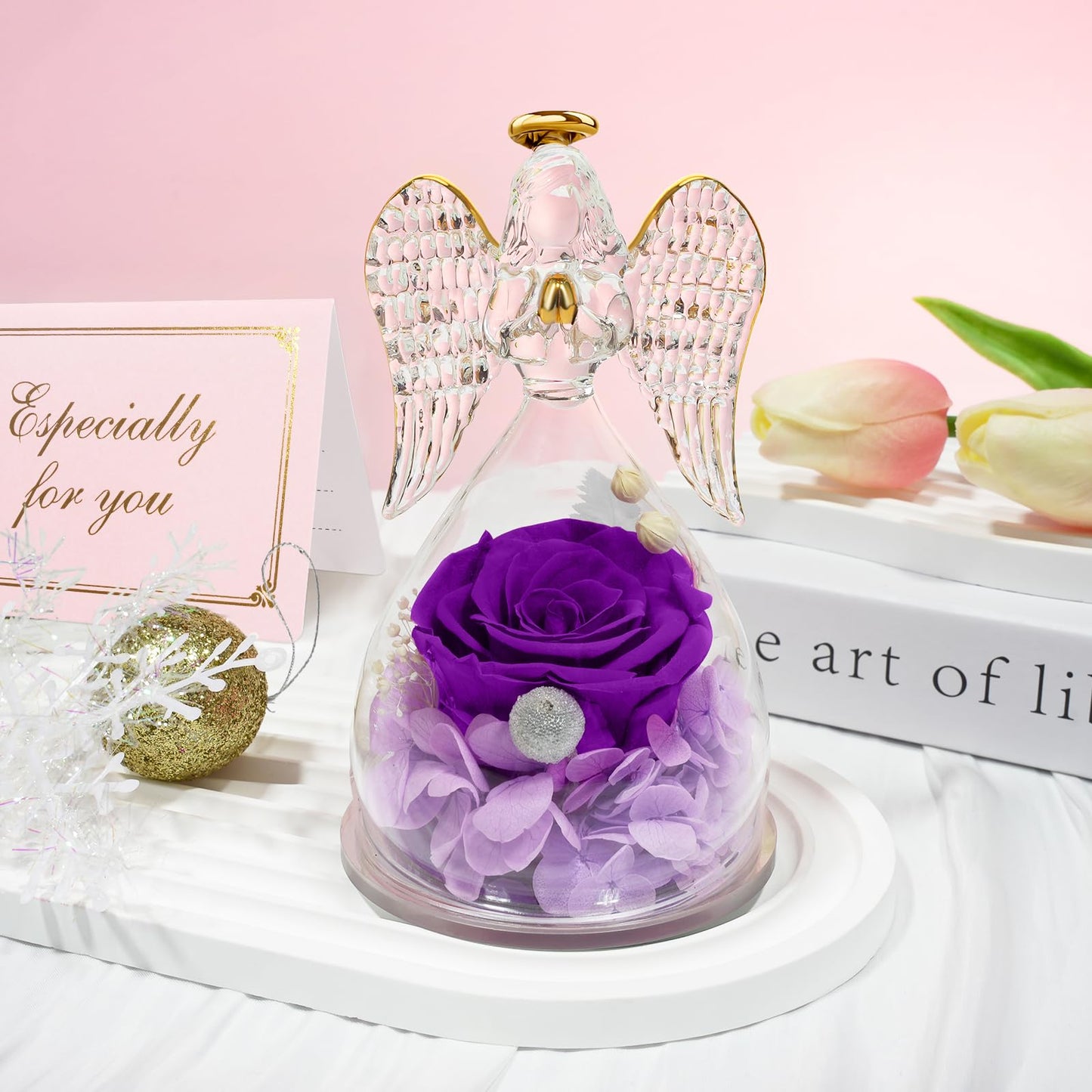 Sunia Gifts for Mom Birthday Gifts for Women, Preserved Real Roses in Glass Angel Figurine, Eternal Forever Flowers for Delivery Prime, Fresh Flower Presents for Mothers Grandma Wife Daughter Sister