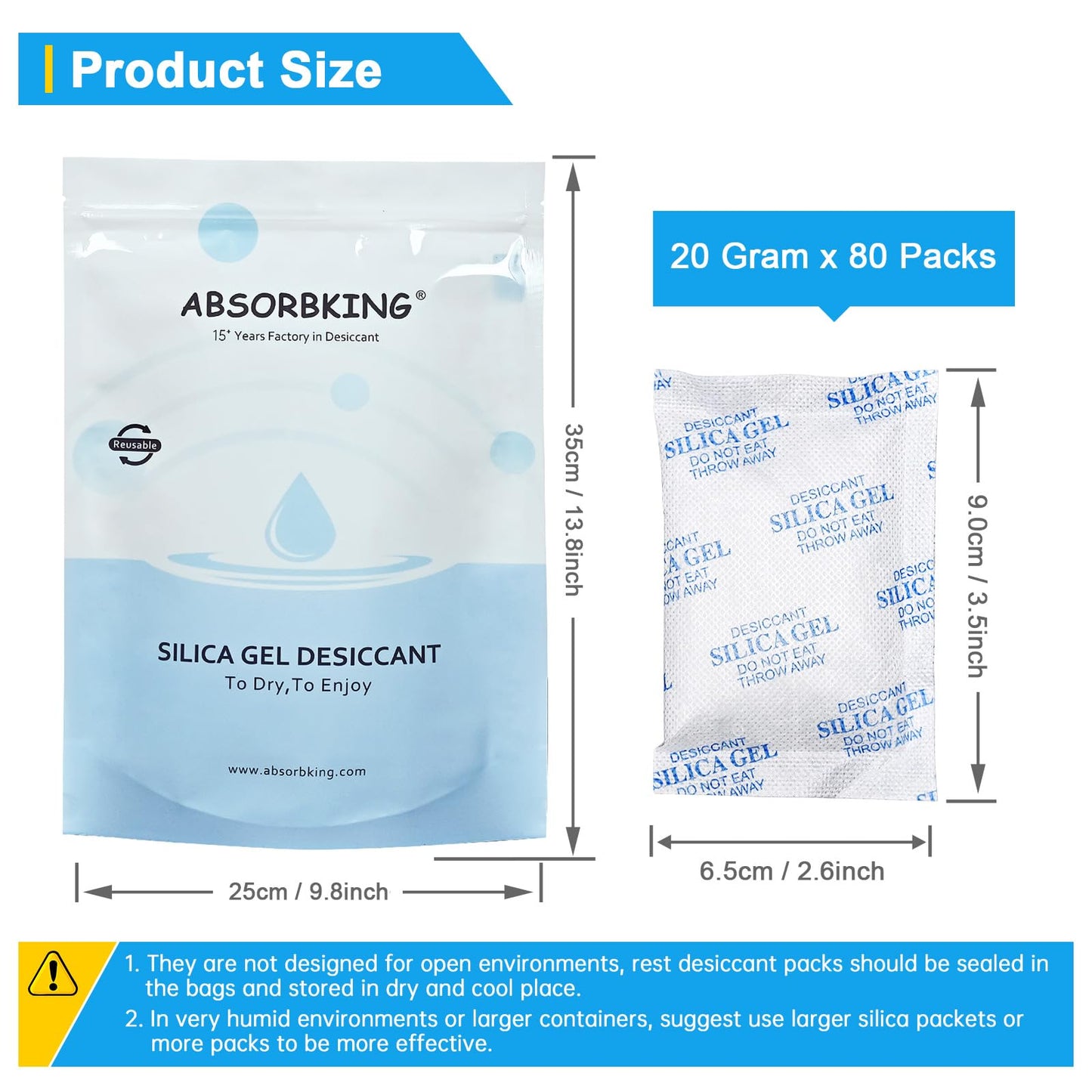 Absorbking Silica Gel Packets, 20 Gram 80 Packs Food Safe Moisture Absorbers, Desiccant Packs for Storage, Reusable Desiccant for Foods, Storage Bins, 3D Filaments, Electronics, Safes