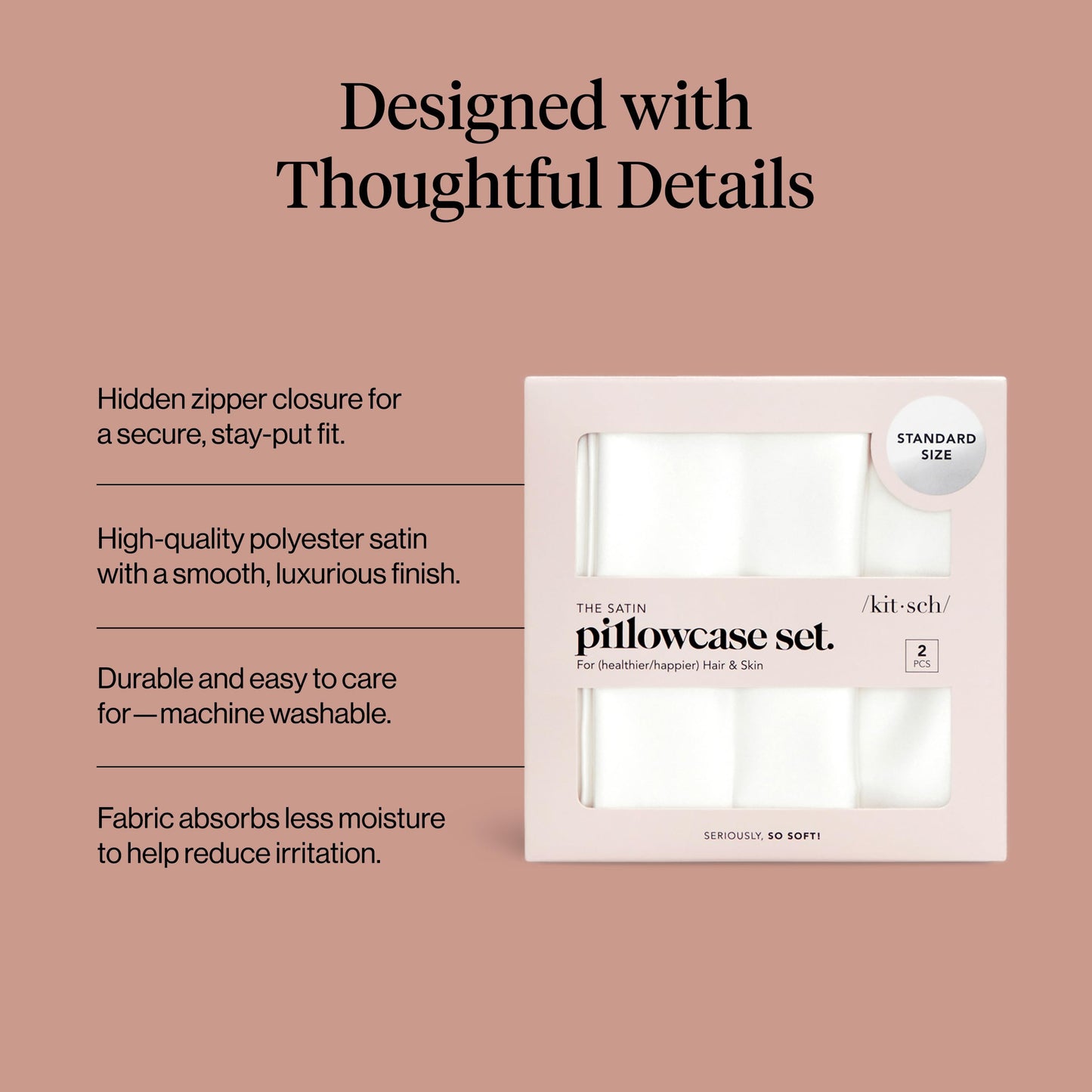 Kitsch Satin Pillowcase with Zipper for Hair & Skin - Softer Than Silk Pillow Cases, Smooth Cooling Satin Pillow Case, Wrinkle-Free, Machine Washable - Pillow Cases Standard Size (19x26), Ivory 2pcs