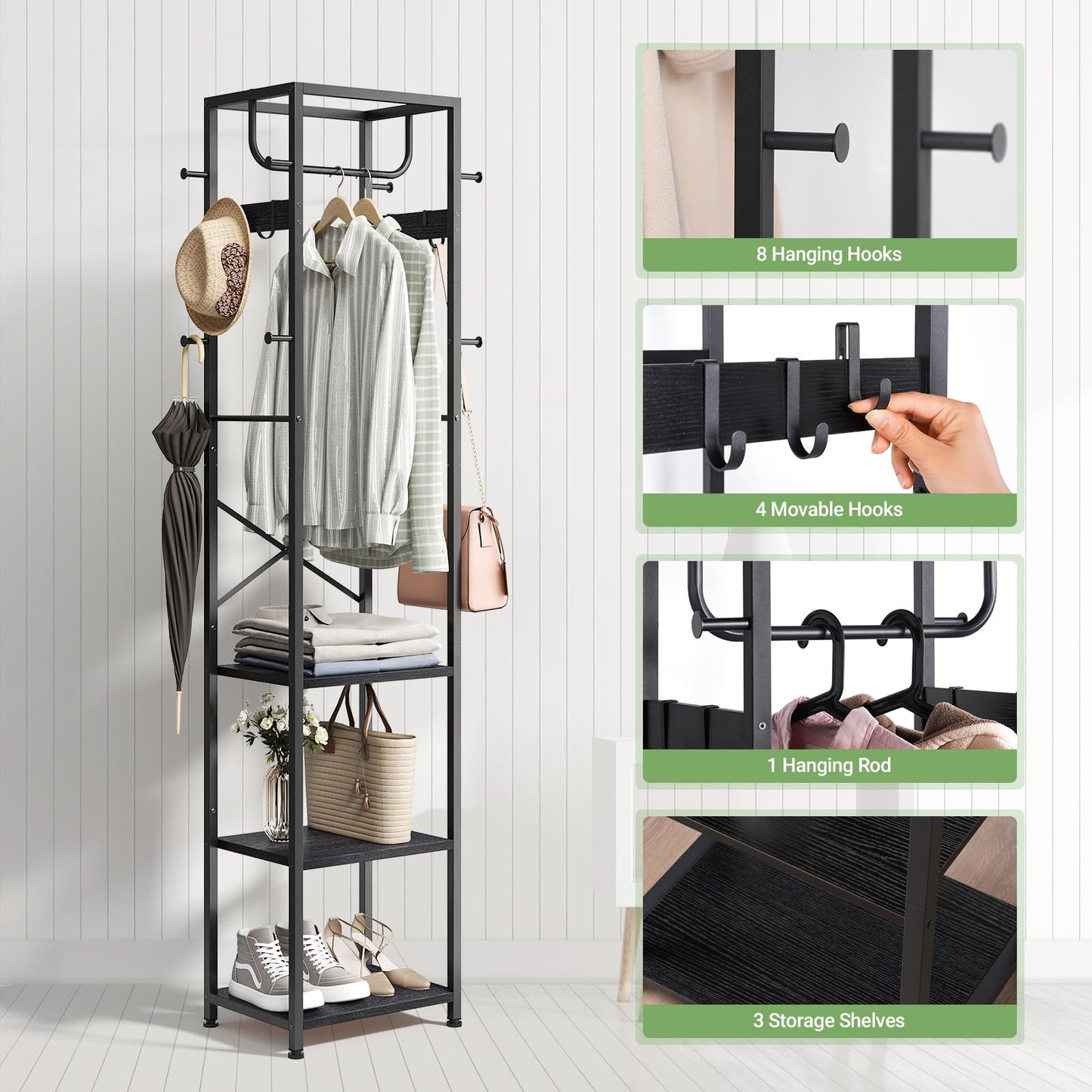 ELYKEN Coat Rack Freestanding, Hall Tree with 3 Storage Shelves and 12 Hooks, Metal Clothes Rack Stand Organizer for Bedroom, Hallway, Entryway, Office, Living Room, Black