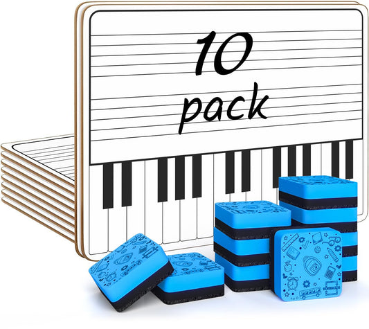 SCRIBBLEDO 10 Pack 11 x 14 Inch Piano Board Dry Erase White Boards Keyboard Double Sided Music Staff whiteboard for Kids Students, Musicians Music Class Supplies. (10 Erasers Included)