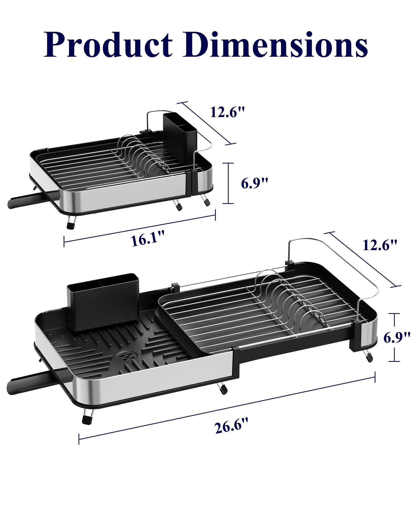 Kitsure Dish Drying Rack - Expandable Stainless Steel Dish Racks for Kitchen Counter, Auto-Drain Drying Rack for Kitchen with Cutlery Holder & Non-Slip Feet, 16.1-26.6" L x 12.6" W, Black