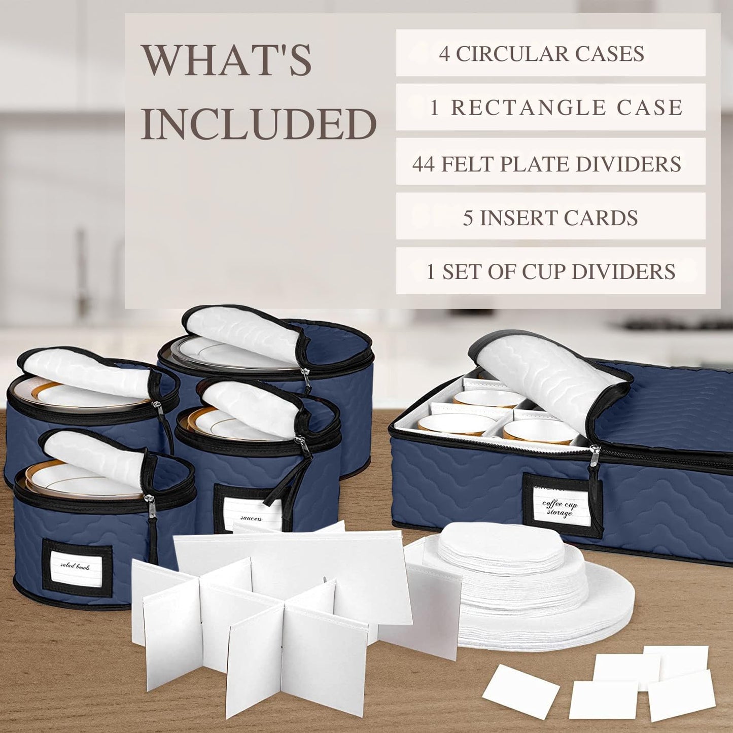 China Storage Containers 5-Piece Set Moving Boxes for Dinnerware, Glasses, Plates, Mugs and Saucers Sturdy Quilted Microfiber Dish Organizer with Dividers for Seasonal Storage - Holds Set of 12, blue