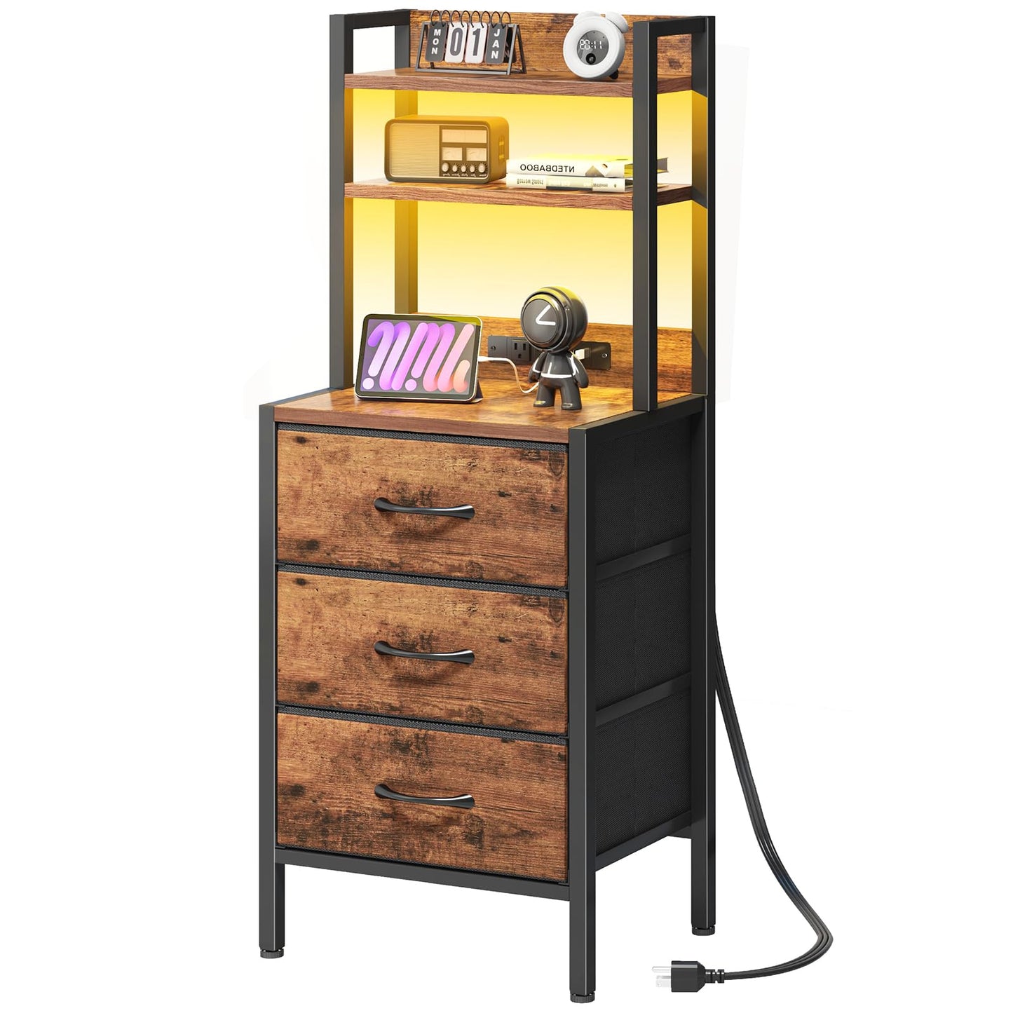 Fixwal 41 Inch Tall Nightstand with Charging Station, Led Night Stand with U-S-B Port & Socket, 3 PU Finished Fabric Storage Drawers, Office, Bedside Table & Bookshelf in One, Rustic Brown