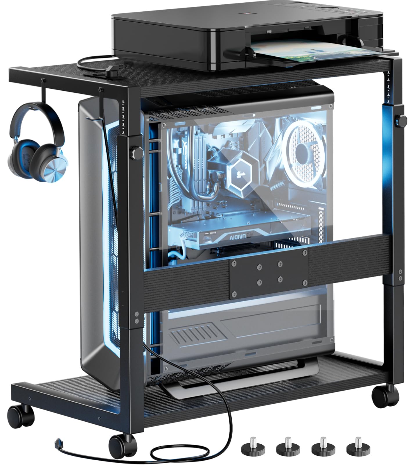 JANE EYRE PC Tower Stand - Adjustable Computer Tower Stand with Charging Station CPU Holder with Wheels for Home Office Gaming, Upgraded Larger Size 25.9" to 34.9" Height