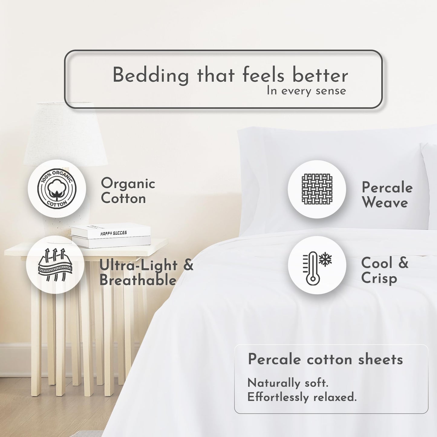 Linen Closet 100% Organic Cotton Twin Sheet 3 Pcs Set, Cotton Sheets with 16” Deep Pocket, Arctic White | Bed Sheets for College Dorm Essential, Crisp & Breathable, Percale, Comfy, Naturally Cooling