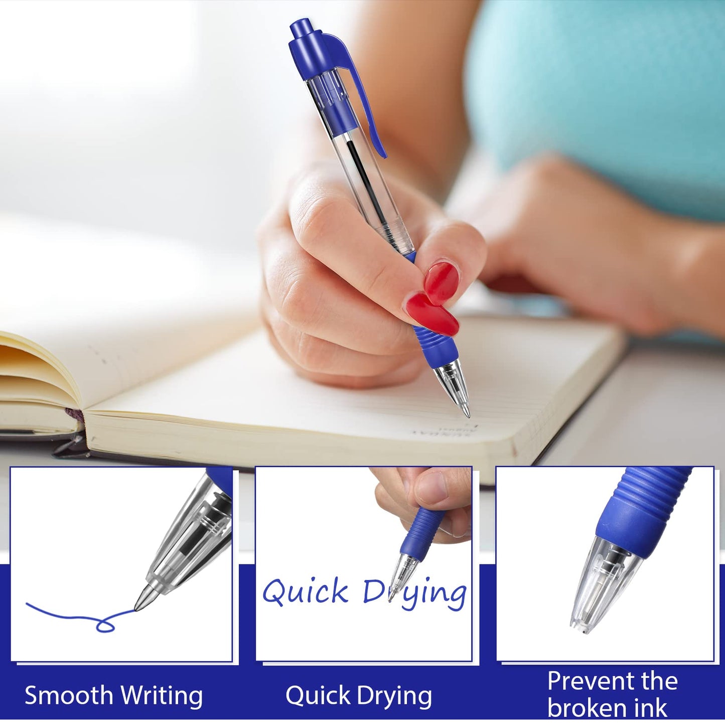Fainne 200 Pack Retractable Ballpoint Pen 1.0 mm Medium Point Refillable Smooth Click Writing Pens With Grip for Work Journal Writing Office School Supplies(Blue Ink)