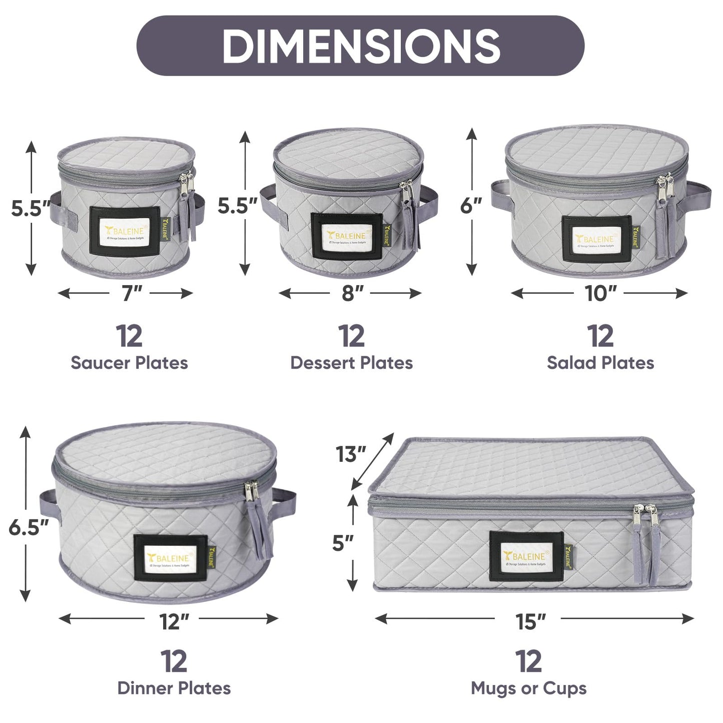 BALEINE China Storage Containers, Sturdy Quilted Wine Glass Storage, Plate Organizer with Carry Handles, Moving Boxes for Dishes, Cups, Mugs and Stemware (Plate Mug Combo, Soft Shell Grey)