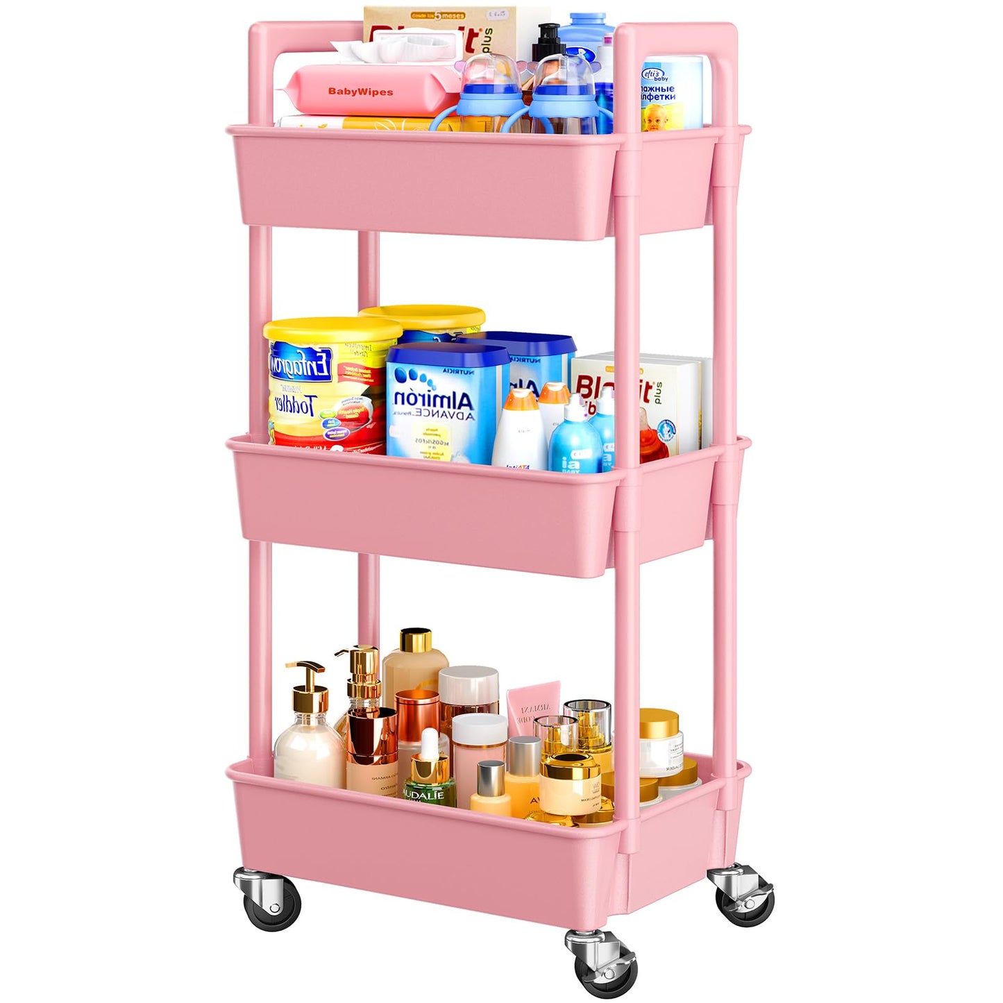 Pipishell 3 Tier Rolling Cart Organizer, Plastic Rolling Cart with Lockable Wheels & Reinforced Handle, Lightweight Utility Storage Cart for Nursery, Kitchen, Craft Room, Pink