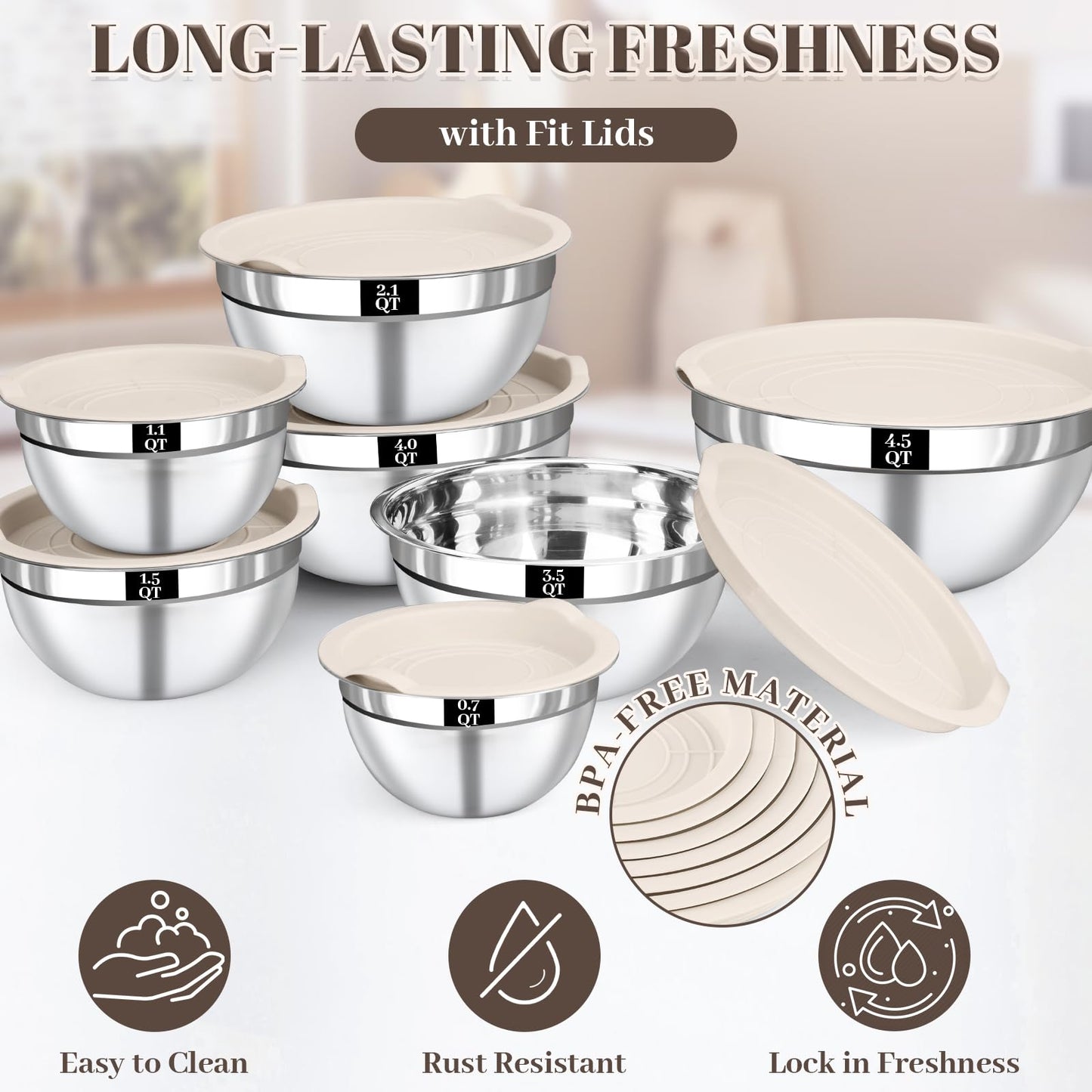 Boskermeal Mixing Bowls with Lids Set - 7PCS Nesting Mixing Bowls, Lids, Stainless Steel Mixing Bowls for Mixing, Baking & Meal Prep, Dishwasher Safe, Size 0.7/1.1/1.5/2.1/3.5/4/4.5 QT, Khaki