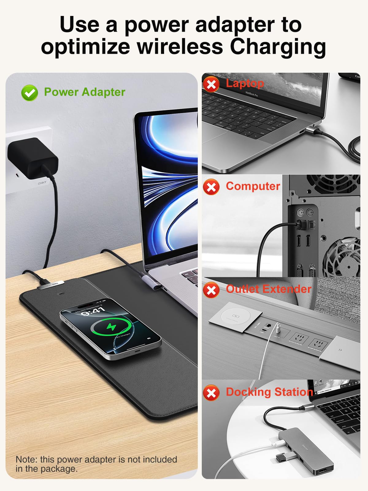 2-in-1 Mouse Pad with Magnetic Wireless Charging for Phone, 31.5"x15.8" Large, Waterproof Smooth Surface, Non-Slip Base, No Adapter, Black