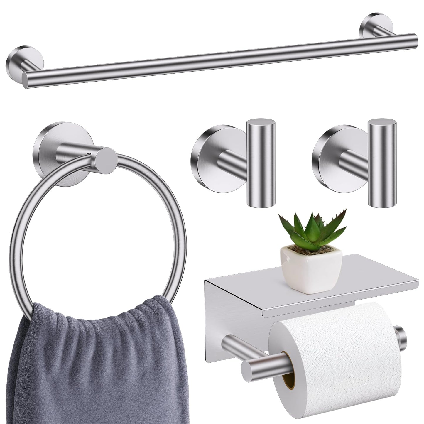 Brushed Nickel Bathroom Hardware Set, 5 Pieces Towel Bar Bathroom Accessories, Upgraded Toilet Paper Holder with Shelf Set, 23.6 Inch Towel Rack Towel Holder for Bathroom Wall
