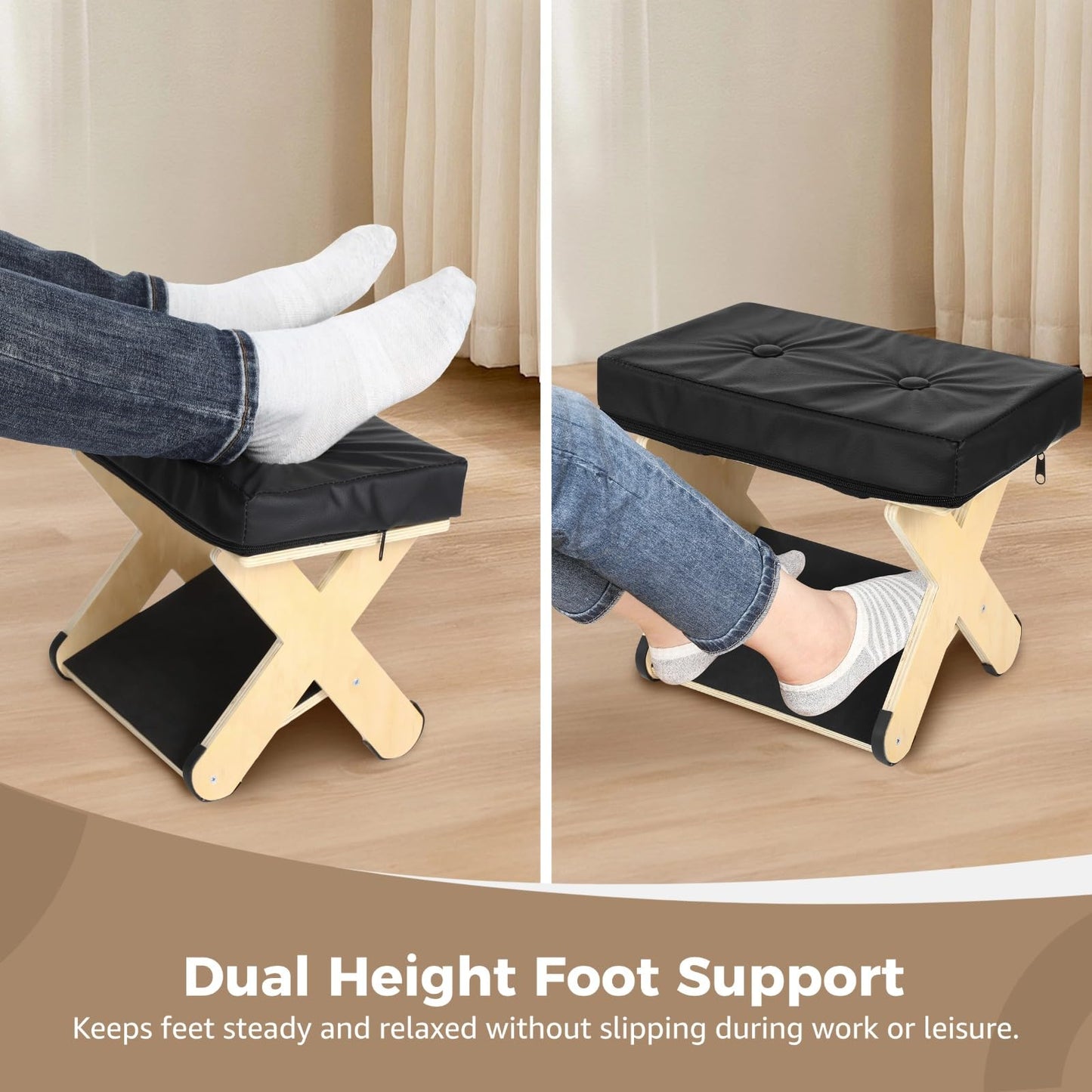 Double Step Foot Rest Under Desk, Ergonomic Wood Foot Stool with PU Cushion Top, Desk Foot Rest for Office Chair, Under Desk Footrest Stool for Work, Leg Rest Support (Natural Wood)