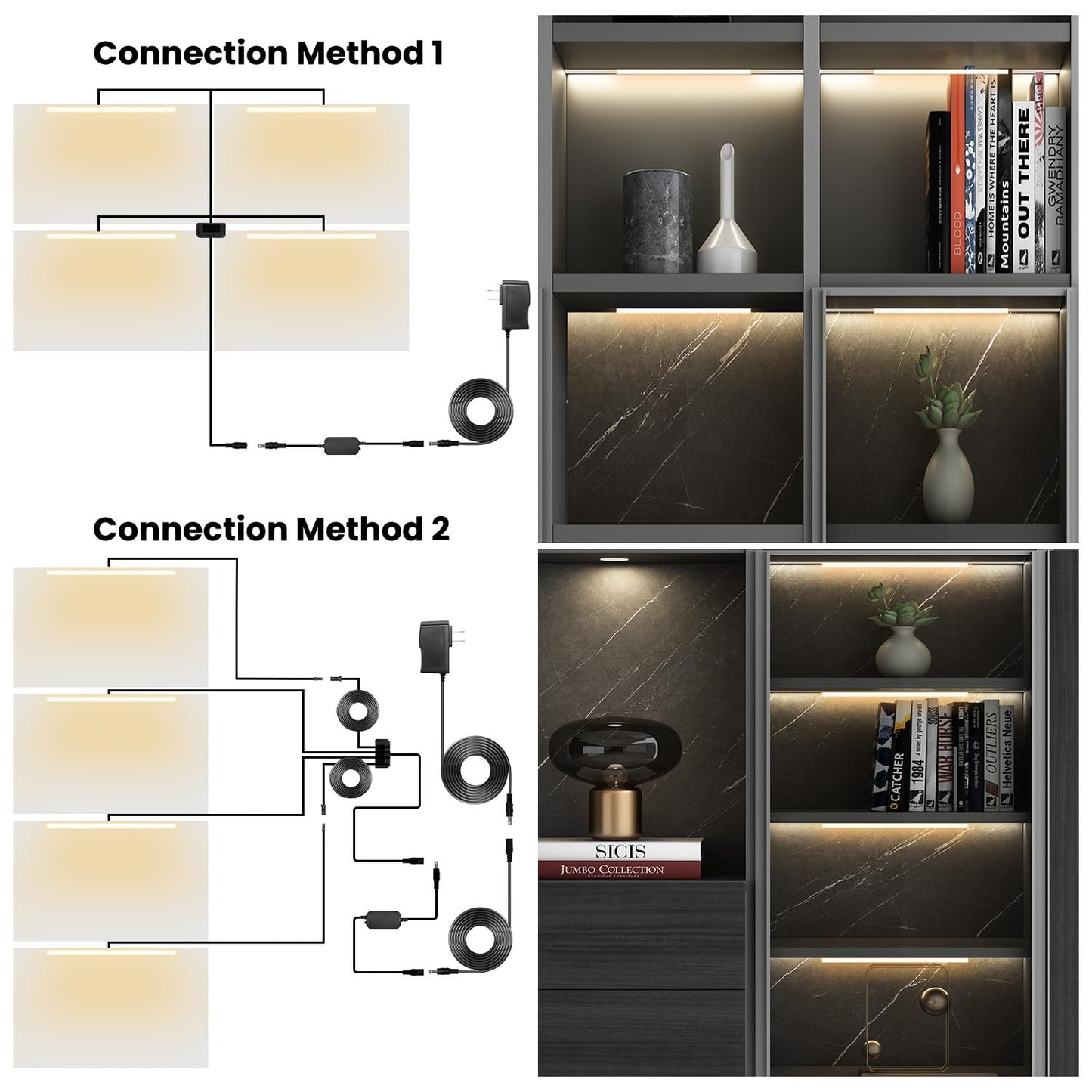 Lumtide Black Shelf Lights, LED Bookcase Lighting Compatible with Alexa, WiFi Dimmable 2700K Under Shelf Lighting for Bookshelf, Display Case, Cabinets with App, Remote, Memory Function (4Pack 12In)
