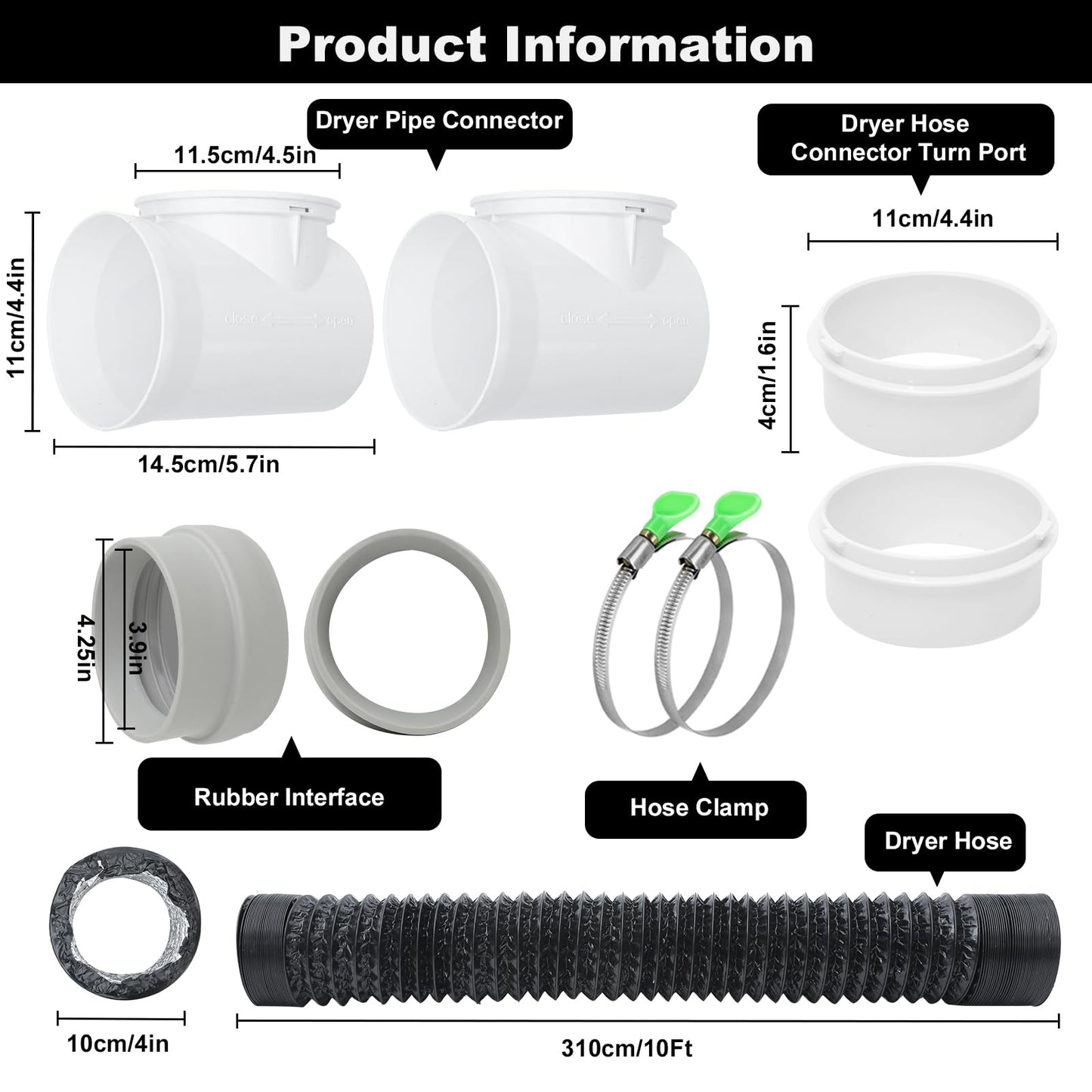 4Inch Dryer Vent Hose 10FT, Rubber Interface Dryer Vent Connector Kit for Tight Space, 90 Degree Dryer Vents Elbow, 6 Layer Heavy Duty Flexible Aluminum Duct with 2 Key Hose Clamps