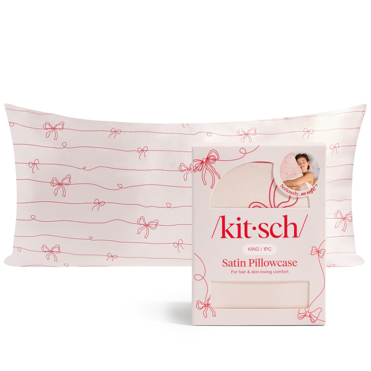 Kitsch Satin Pillowcase with Zipper for Hair & Skin - Softer Than Silk Pillow Cases, Smooth Cooling Satin Pillow Case, Wrinkle-Free Pillow Cases King Size (19x36) - Striped Bows