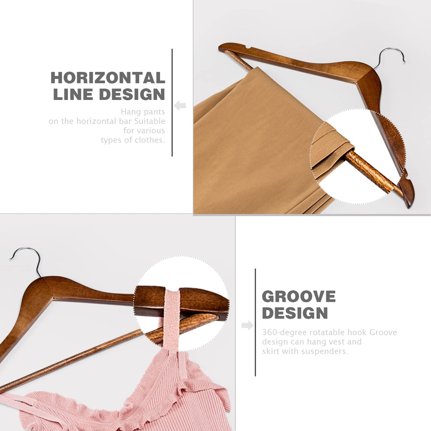 HOUSE DAY Wooden Hangers 30 Pack, Solid Wood Coat Hanger Heavy Duty, Smooth Finish Bulk Wood Hangers, High-Grade Wooden Clothes Hanger with Non Slip Pant Bar, 360° Swivel Hook