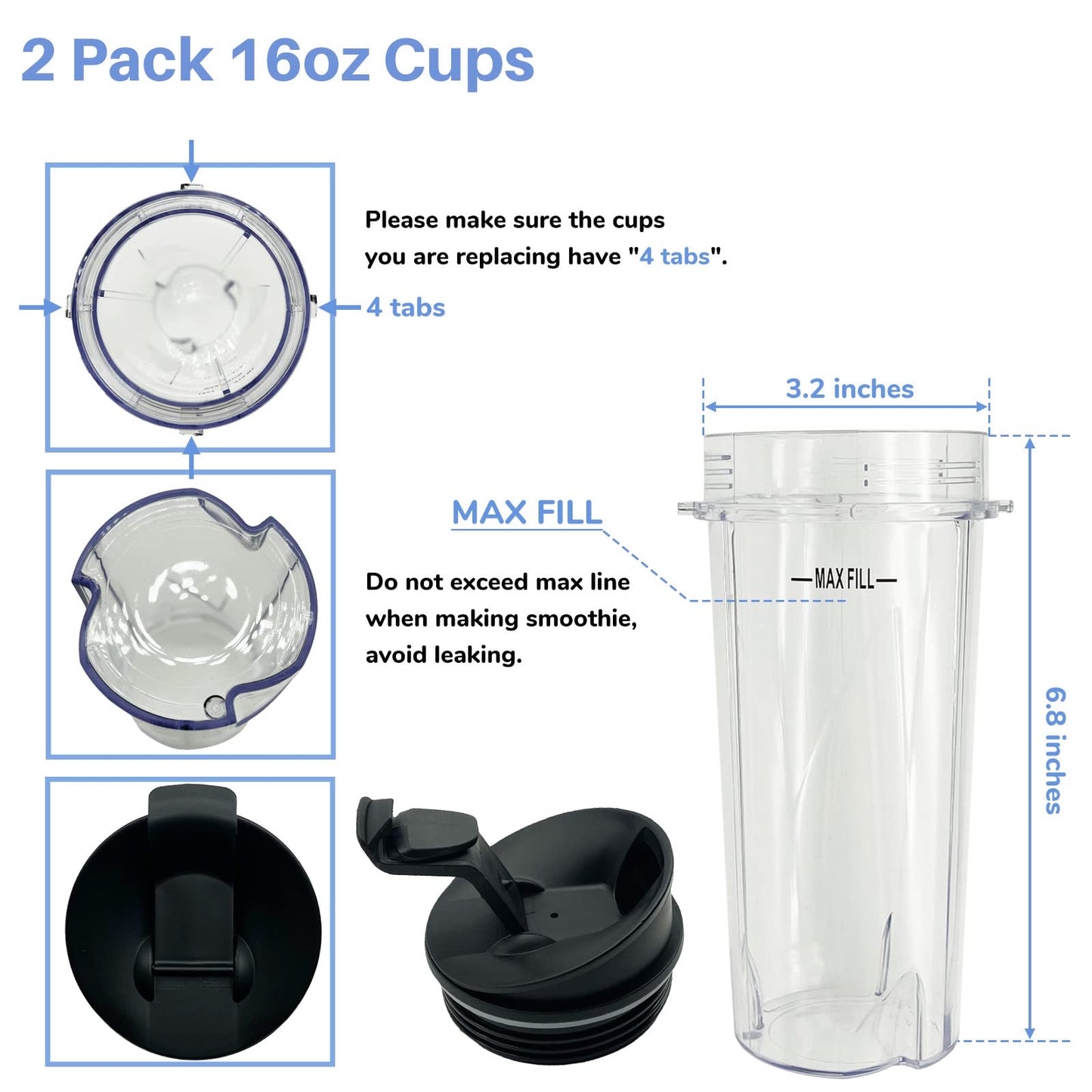 Blender 5-Fins Blade & 2 16oz Single Serve Cups with Lids Replacement Parts for Ninja, Base Extractor Blade for Nutri Ninja Blender 700 Watts QB3000, QB3000SS, QB3000SSW, QB3001SS 30, QB3004, QB3005