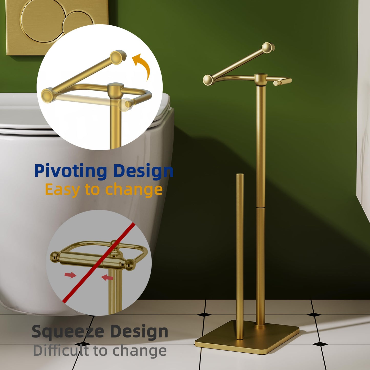RUACQ Toilet Paper Holder Stand, Bathroom Toilet Paper roll Holder Free Standing with Storage for 4 Rolls, Post Pivoting Design, Stable Weighted Base, SUS304 Stainless Steel (Brushed Gold)