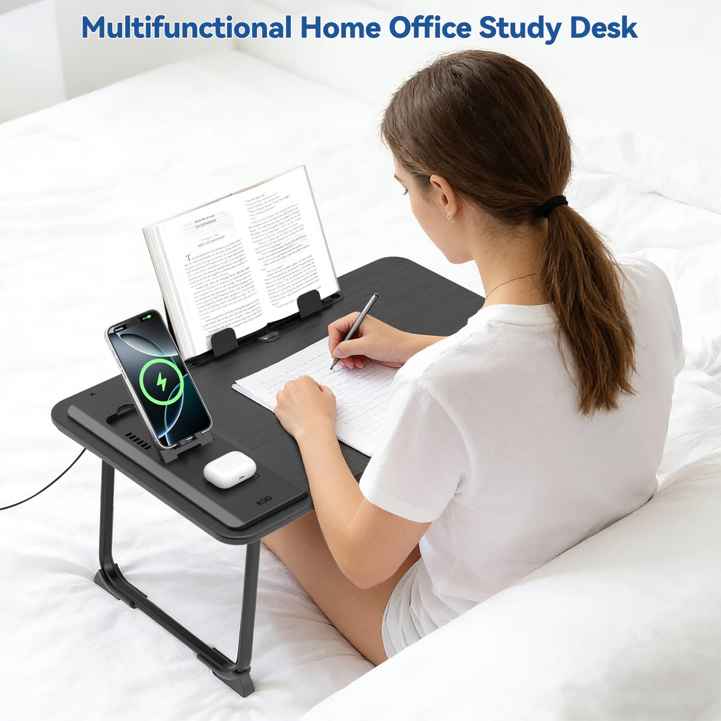 KONDOUND Foldable Laptop Desk for Bed with Wireless Charger - Large Lap Computer Tray Table with Tablet Slot and Book Shelf Read Table for Couch Chair Floor for Writing, Studying Eating, and WFH