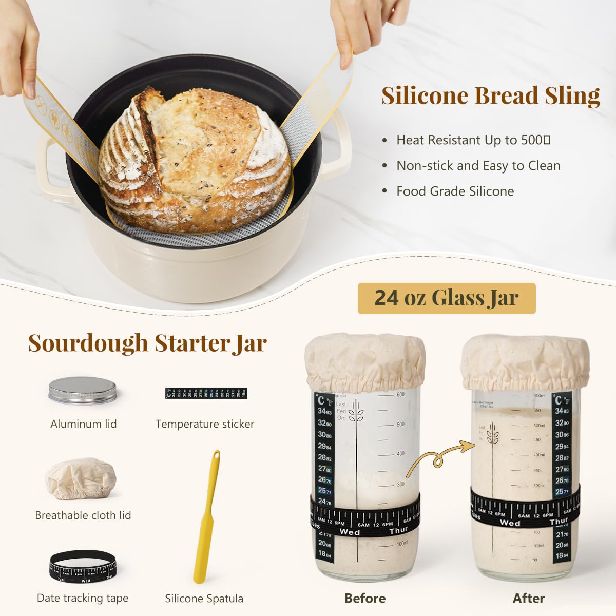 Sourdough Starter Kit, Banneton Bread Proofing Baskets Set, Sourdough Bread Baking Supplies Making Tools with Dough Scraper, Whisk, Bread Lame, Recipe