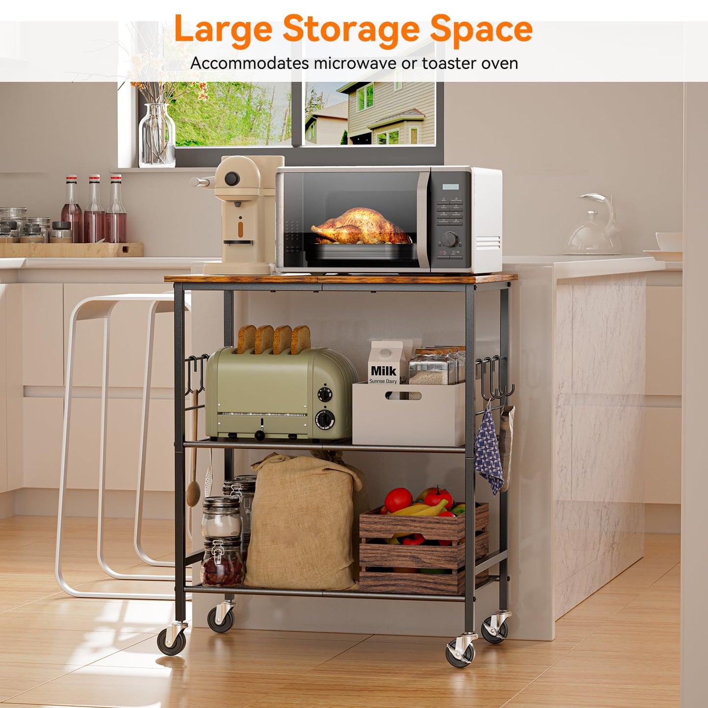 NTE Rolling Kitchen Microwave Cart, 3 Tier Microwave Stand with Storage, Small Kitchen Island on Wheels, Kitchen Storage Cart with 6 Hooks for Kitchen, Coffee Bar, Living Room, Balcony