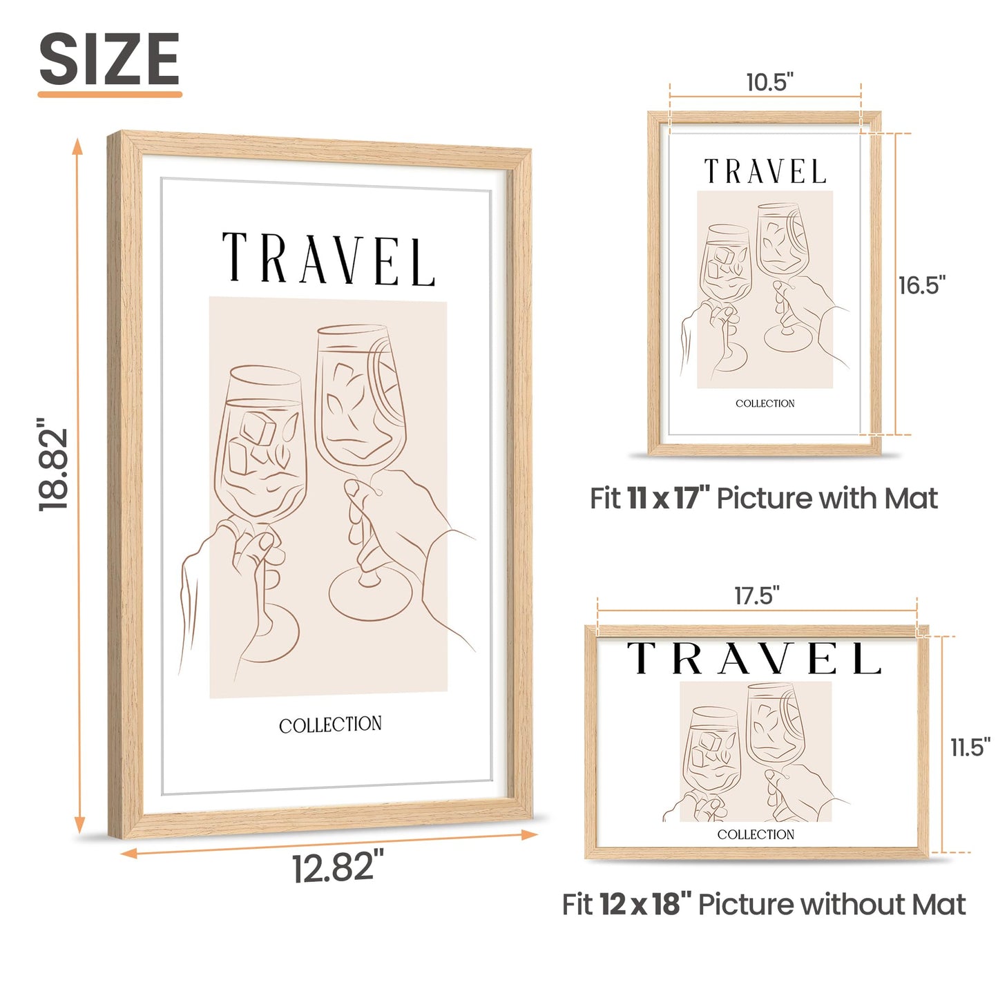 upsimples 12x18 Frame, Natural Solid Wooden Picture Frames, Display 11x17 with Mat or 12 x 18 Without Mat, Vertical or Horizontal Wall Hanging, 1 Pack, Natural