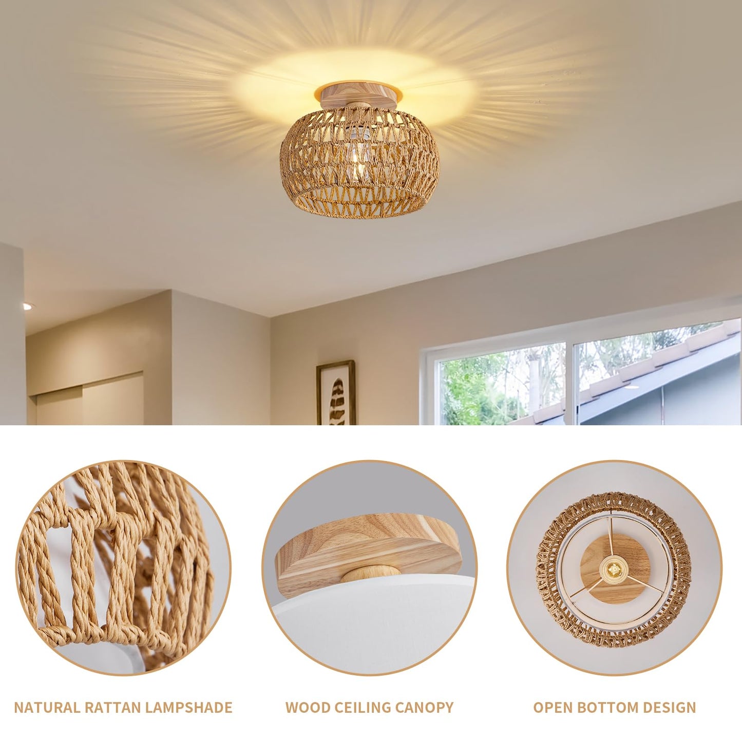 Rattan Ceiling Light Fixture，3 Style Options Boho Flush Mount Ceiling Lights, Hand-Woven Rattan Chandelier,Mini Bohemian Wicker Light Fixtures, Farmhouse Light Fixture for Bedroom Hallway Entryway